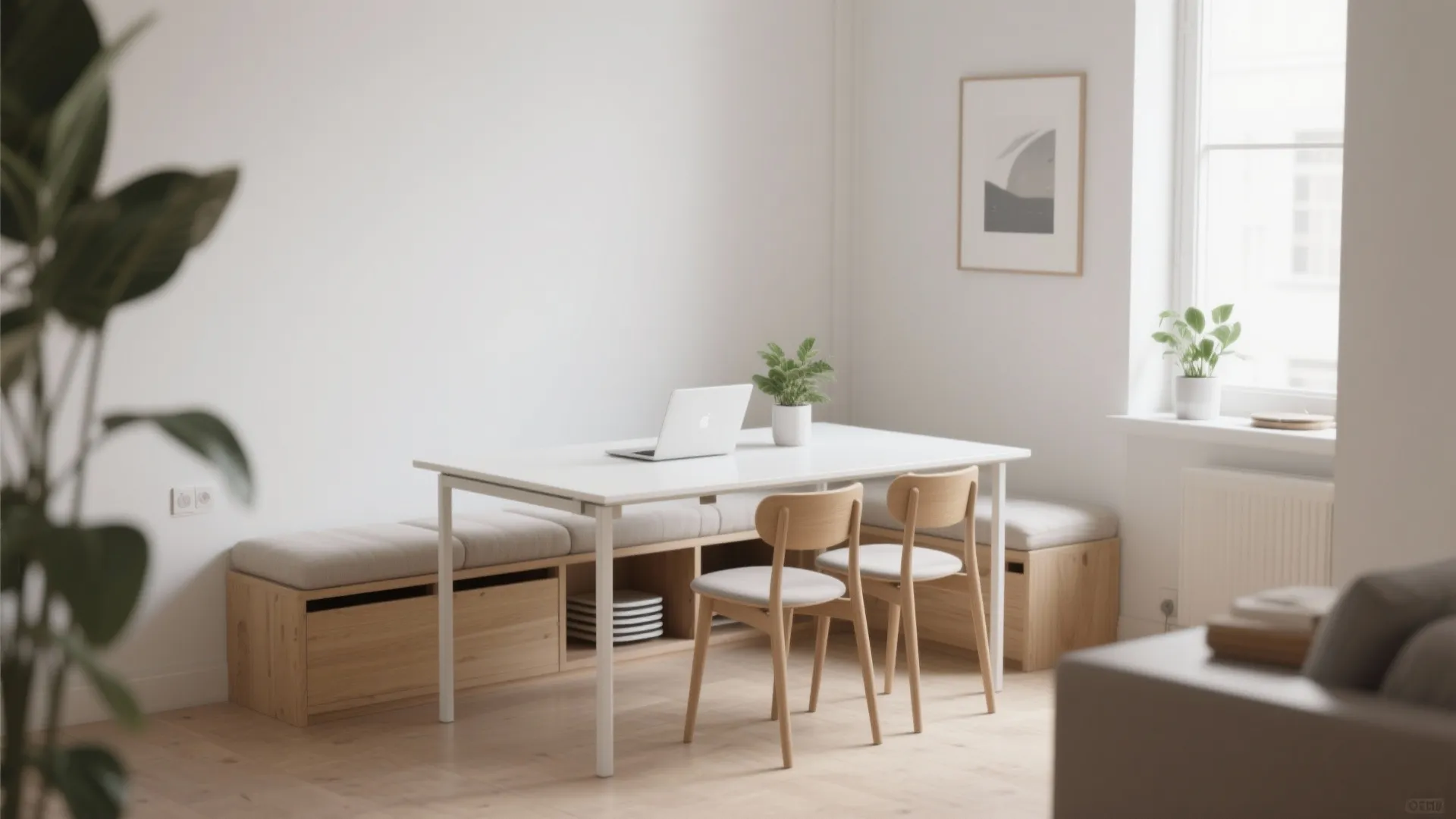 Minimalist white dining table with laptop two wooden chairs and built-in wooden storage bench room