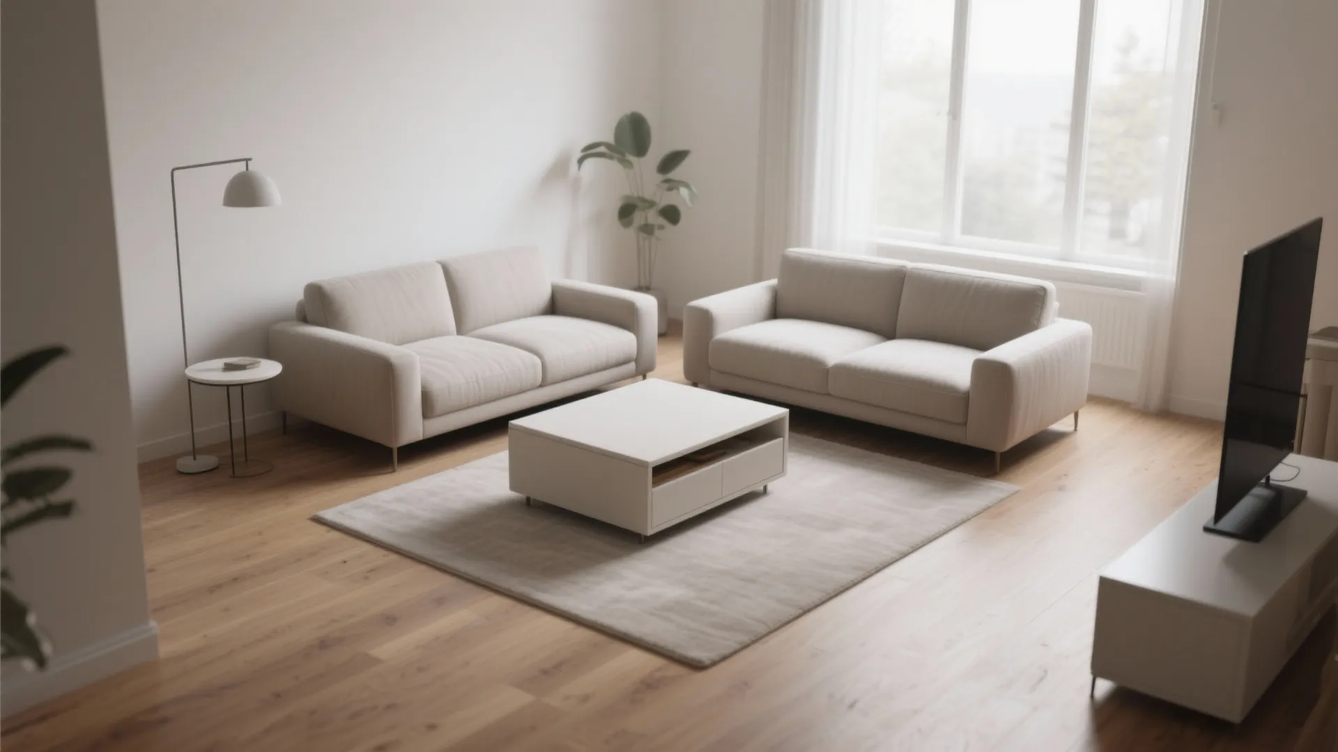 Minimalist living room with two beige sofas white coffee table light rug and wood floor
