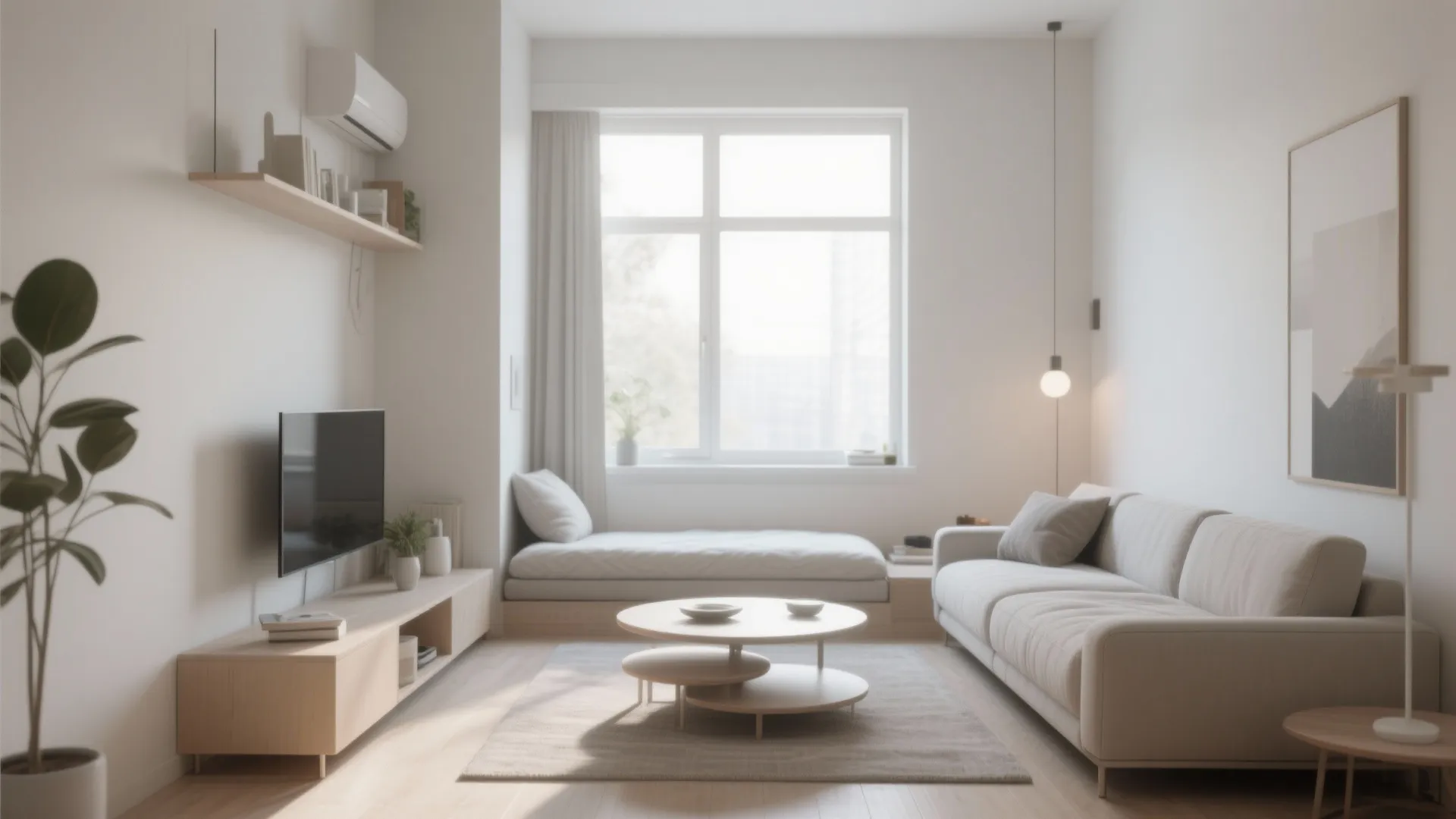 Minimalist white living room featuring a wooden cabinet, television, beige sofa, round tables, and large window