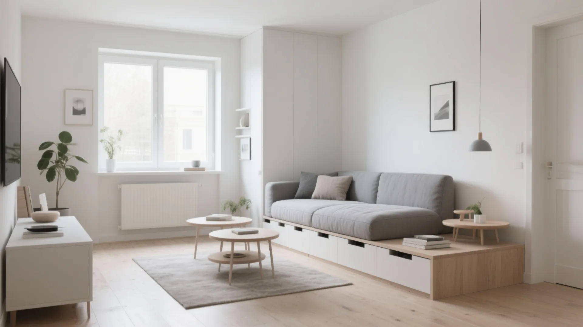 Minimalist white living room with grey sofa on platform storage two round tables and plants