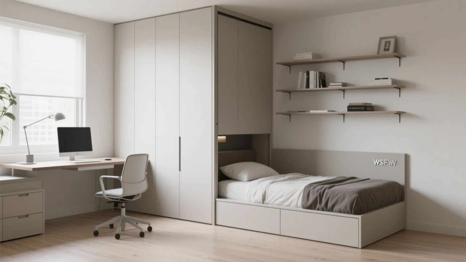 Minimalist home office with white desk chair large storage cabinet and built in small bed