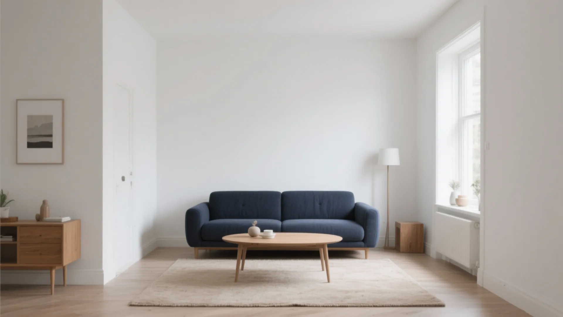1. Minimalist Navy Sofa with Neutral Accents