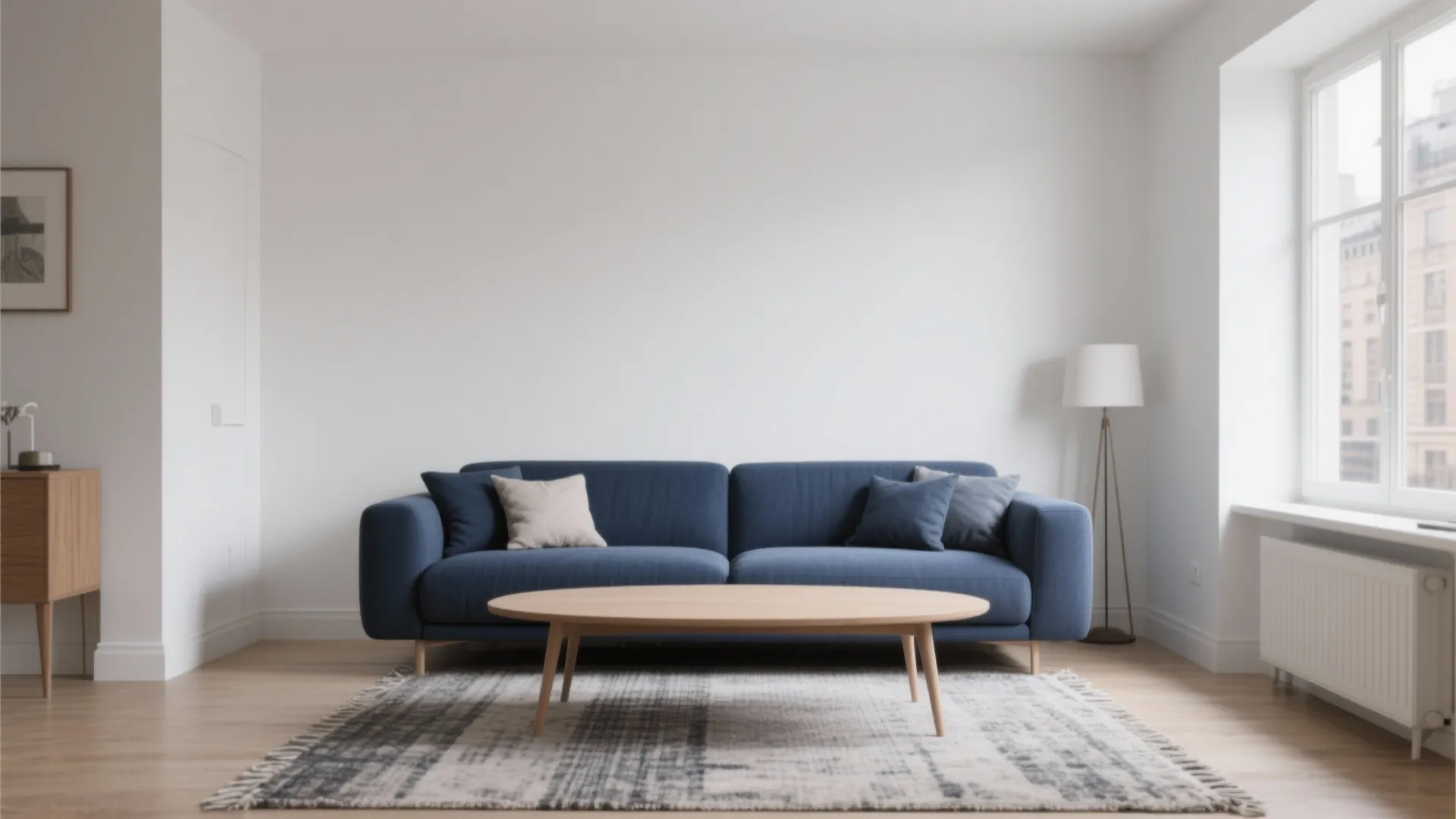 1. Minimalist Navy Couch with Neutral Walls