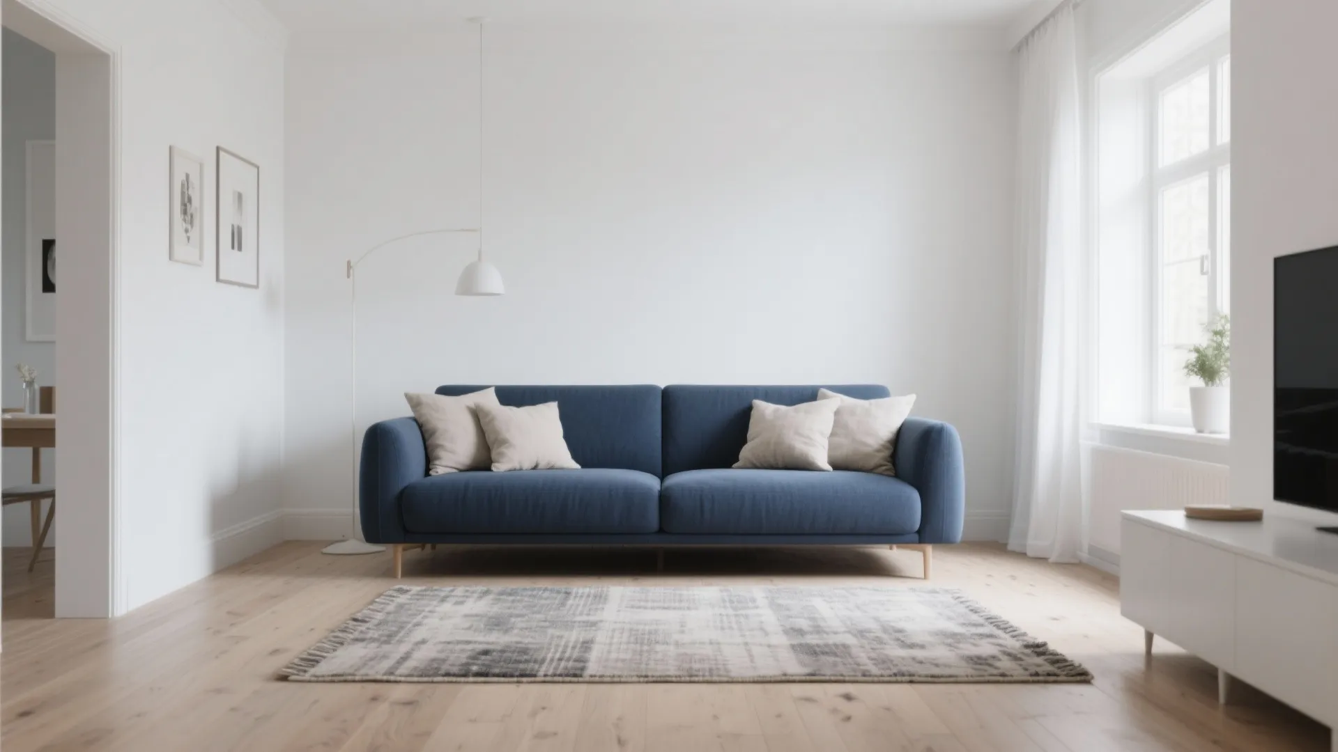 Navy blue sofa in a white minimalist living room with wooden floor and grey area rug