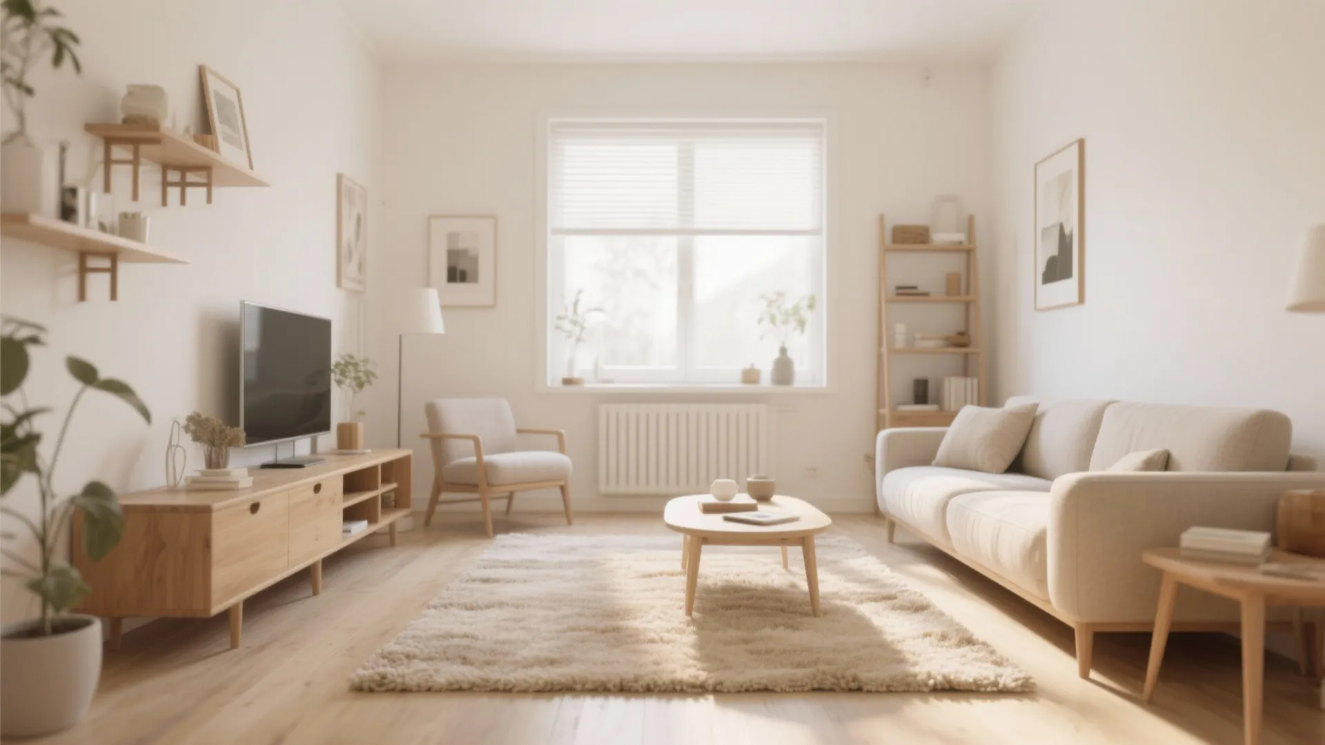 Minimalist living room with beige wool rug and neutral decor