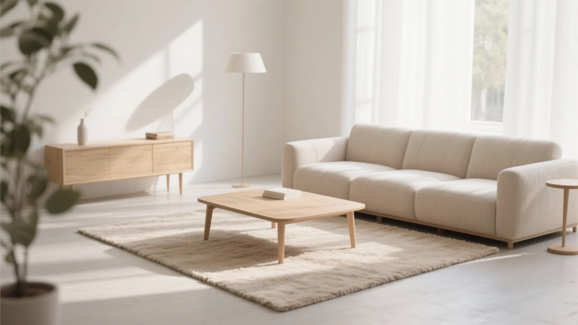 Minimalist bright living room featuring white sofa wooden coffee table neutral rug and natural sunlight window