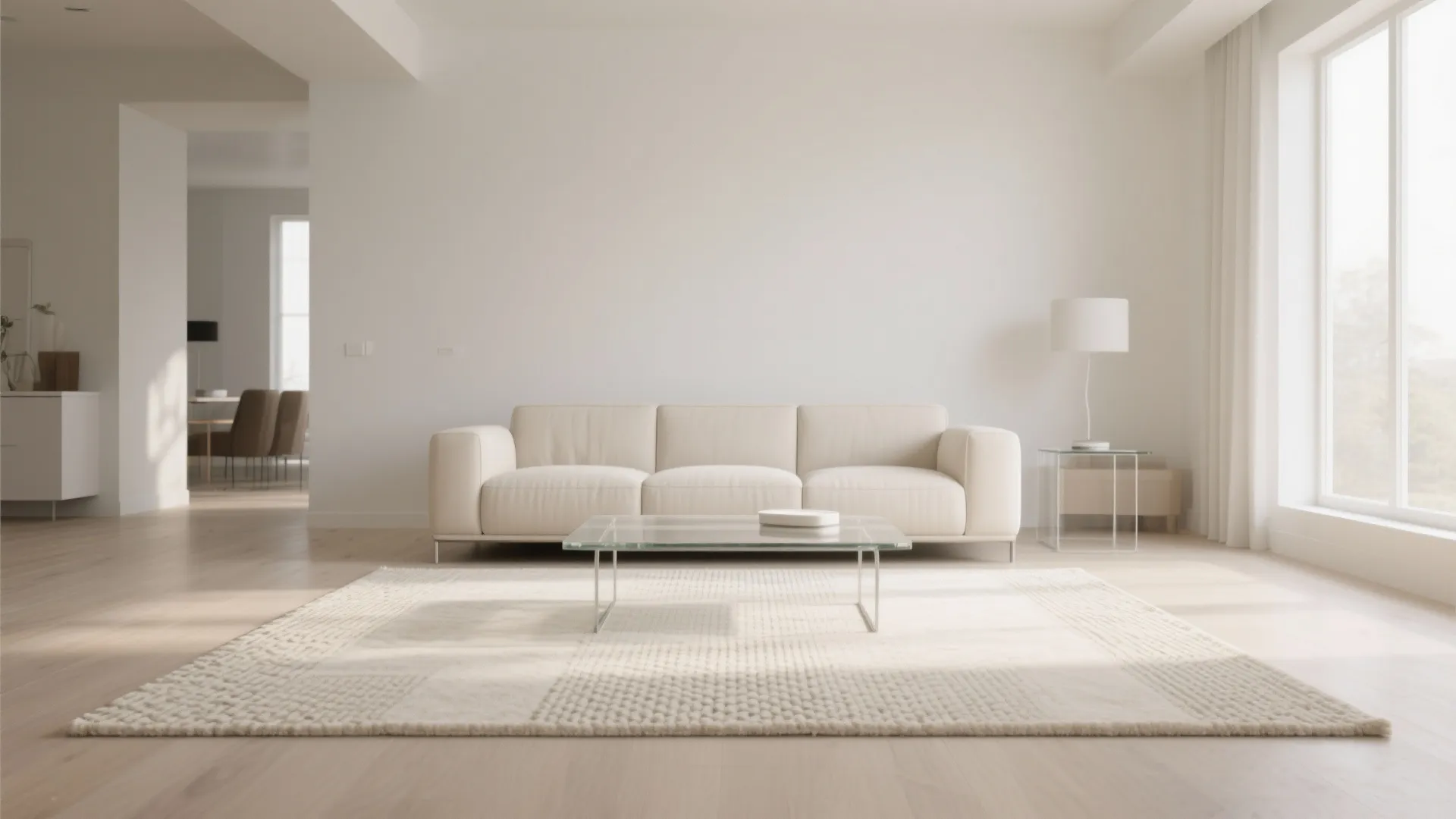 Minimalist white living room with neutral textured rug glass coffee table and a beige sofa