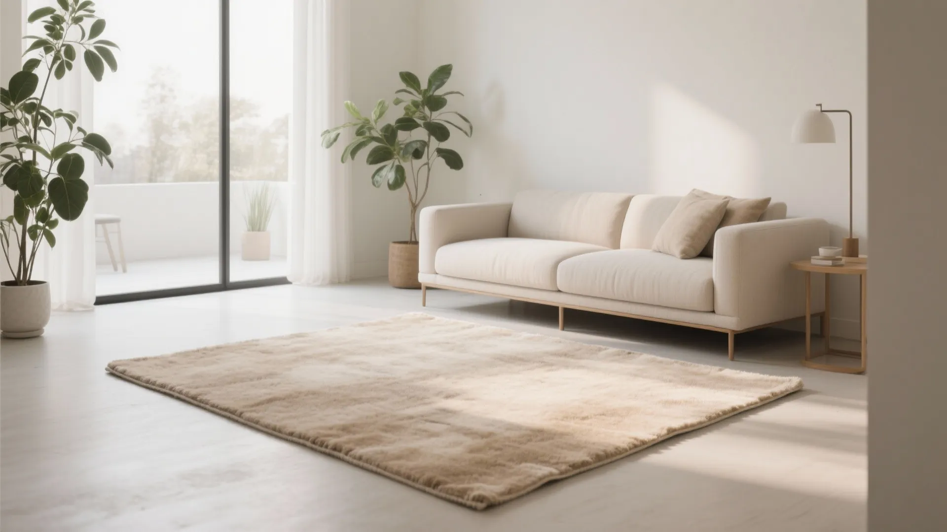 Minimalist living room featuring cream sofa, green plants, wooden side table, and soft neutral rug