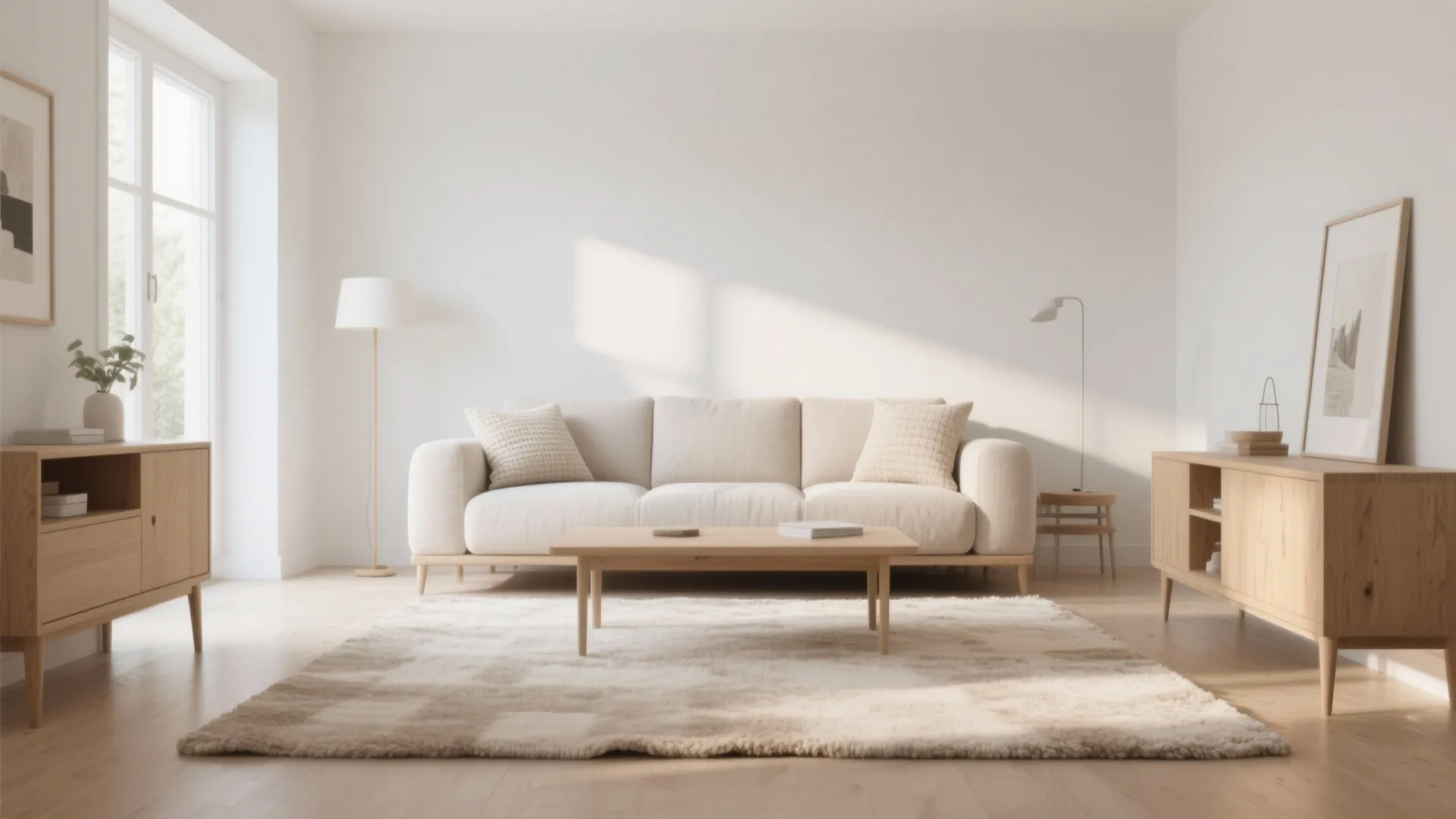 Minimalist living room with beige sofa wood coffee table cream rug wooden cabinet and natural light