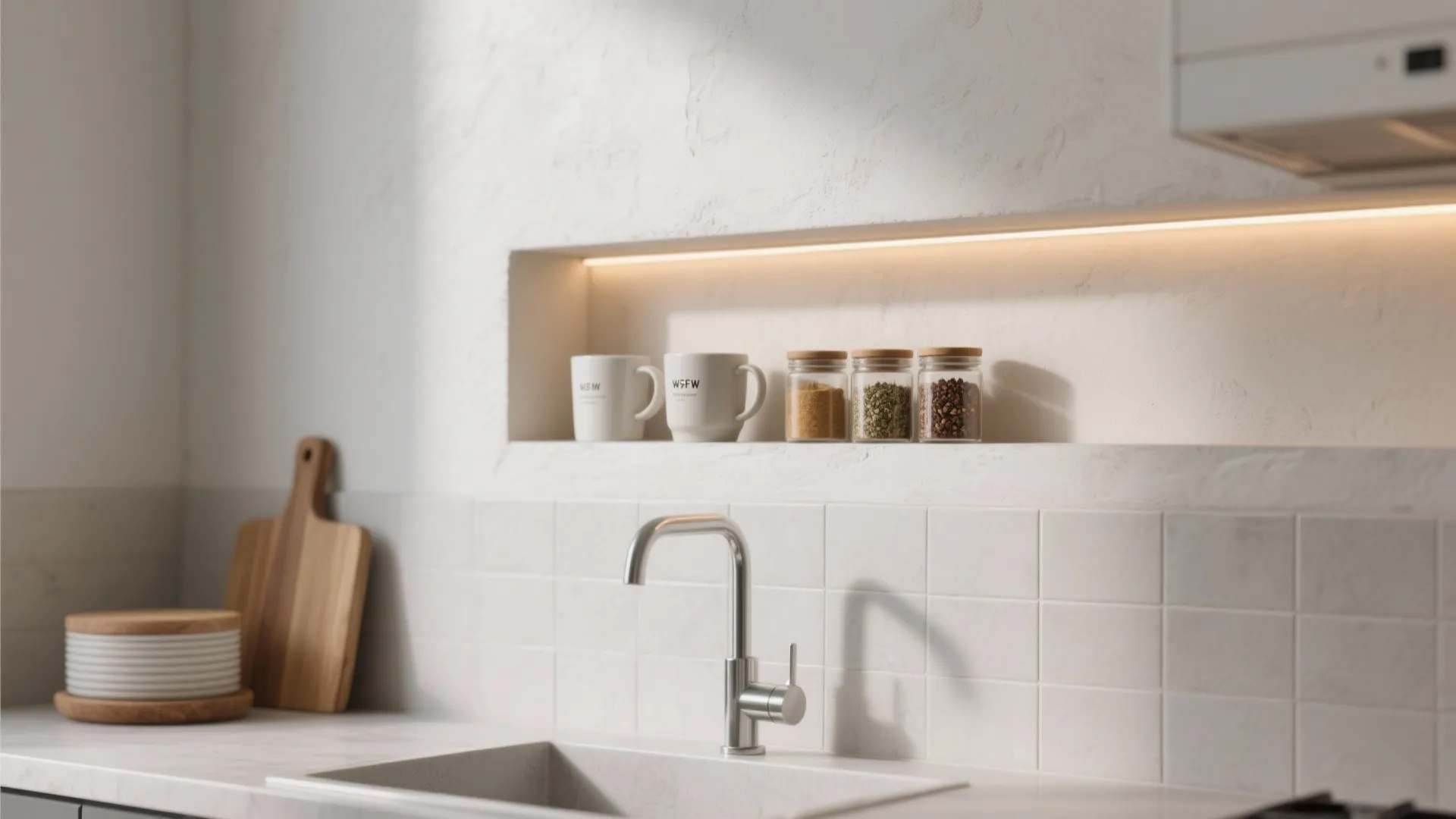 Modern kitchen sink area with a wall shelf holding mugs and jars under warm soft light