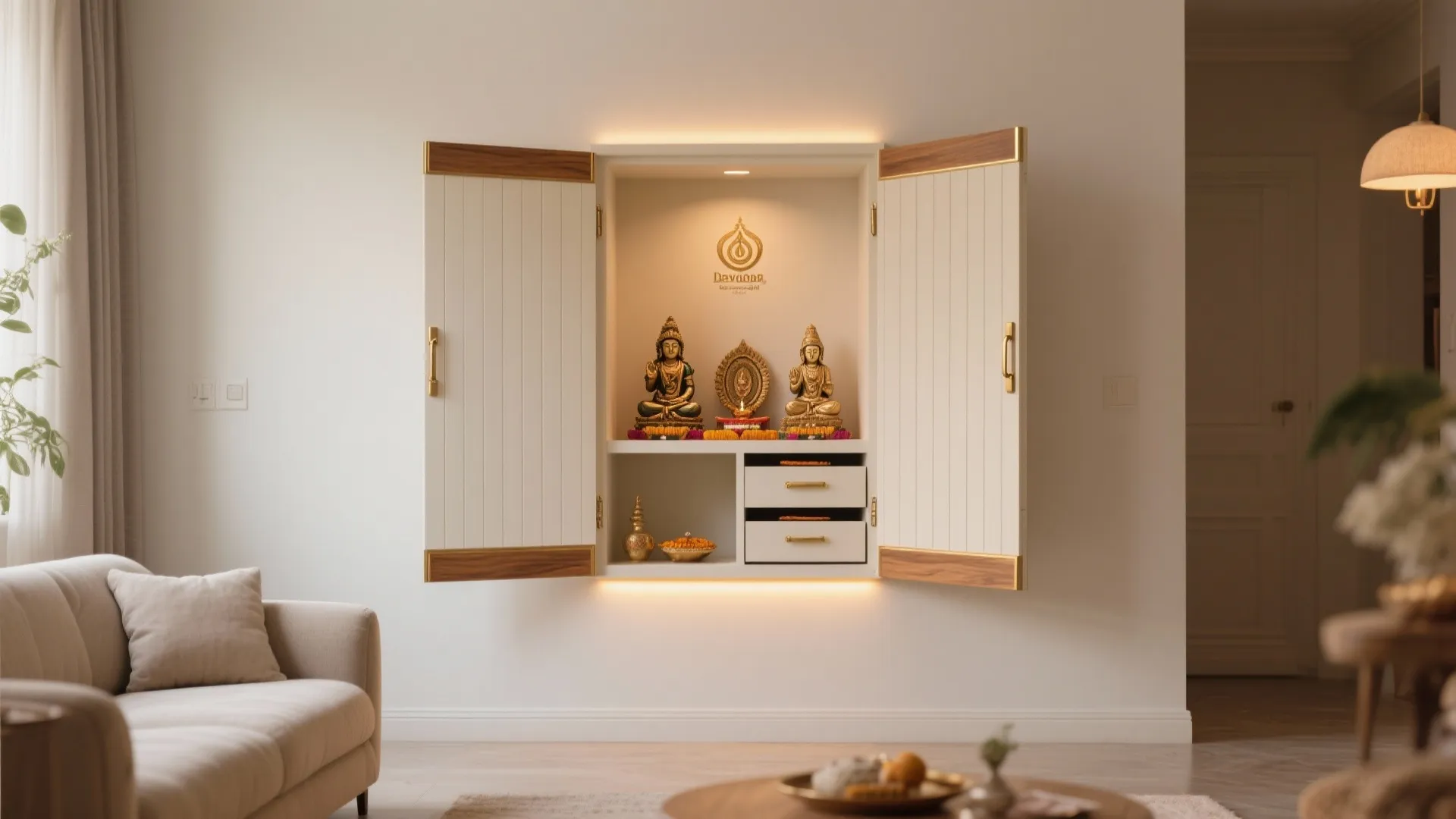 Wall cabinet with open doors showing a small home shrine beside a beige living room sofa