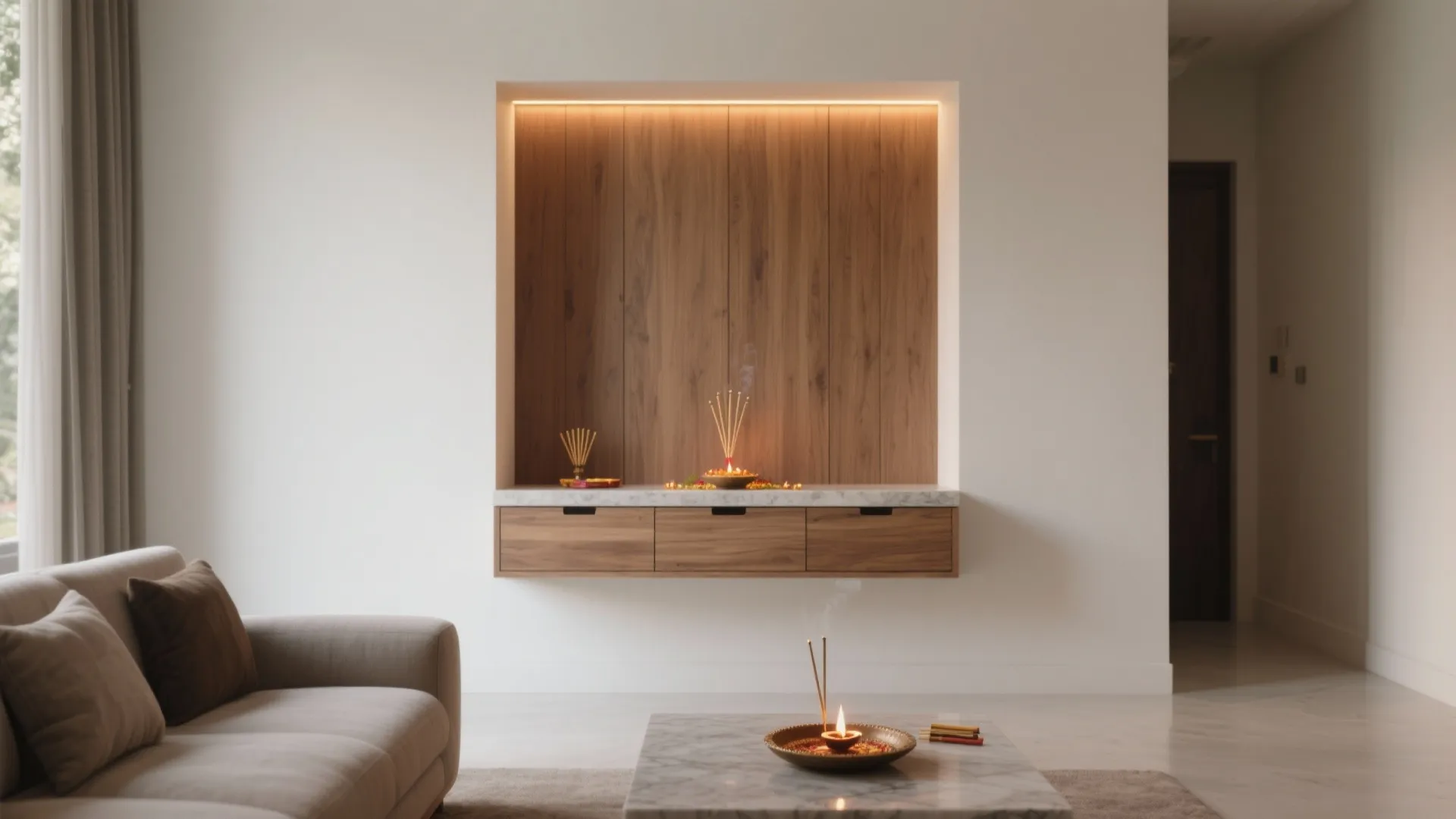 Minimalist wall niche pooja design with wooden panel, cove lighting, and floating drawer.