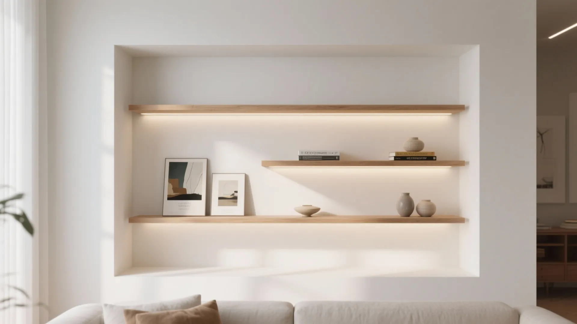 1. Minimalist Floating Shelves in Niches