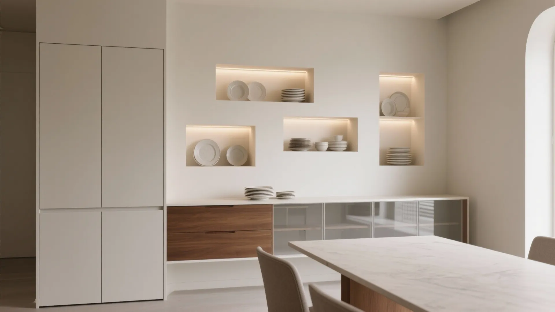 Minimalist crockery wall with recessed niches