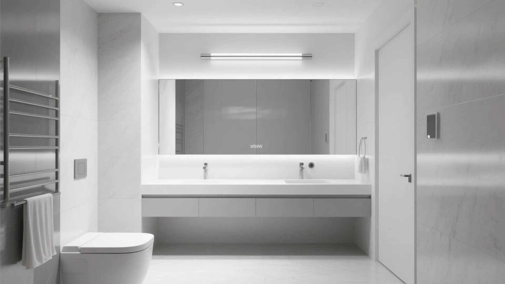 Modern white bathroom with long light fixture above large mirror double sink vanity and toilet