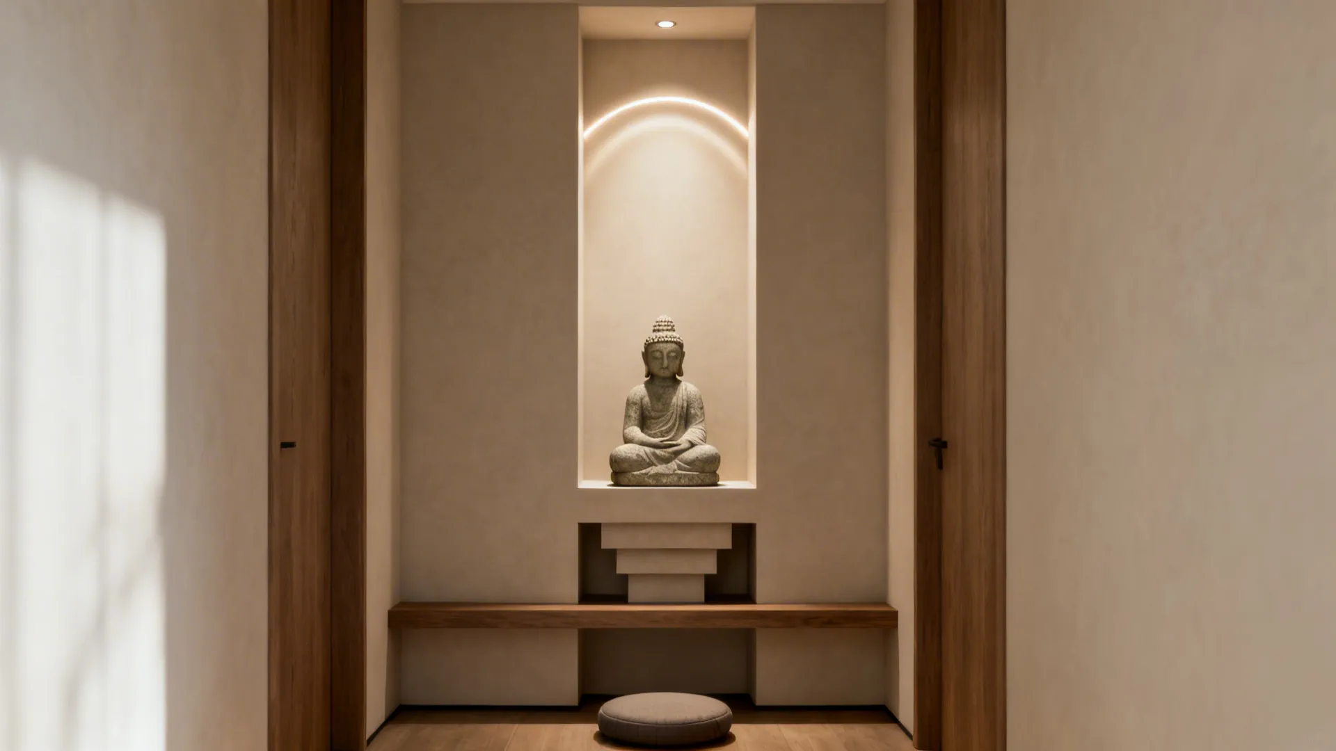 Vertical niche with a Buddha statue on layered plinths and recessed lighting