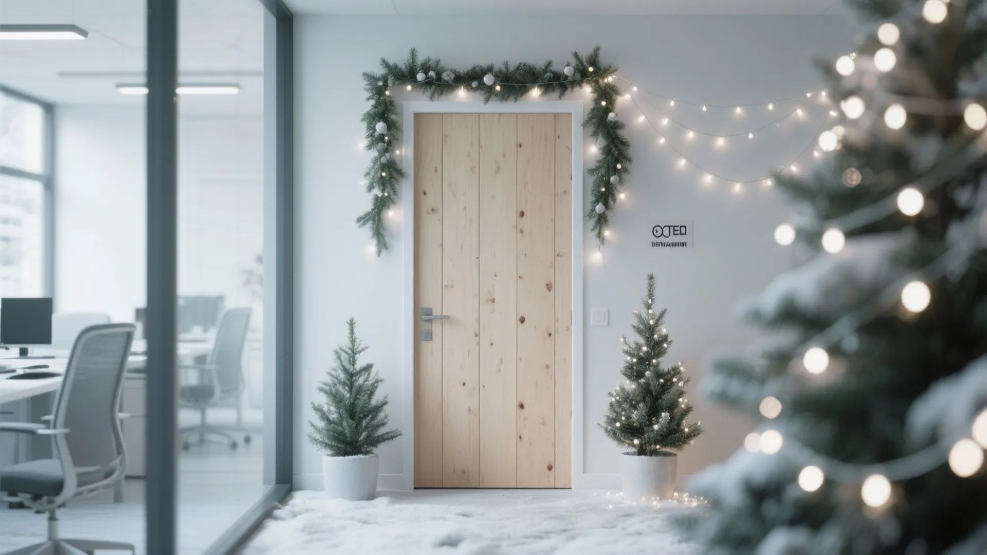 Wooden office door decorated with green garland string lights and small potted Christmas trees outside