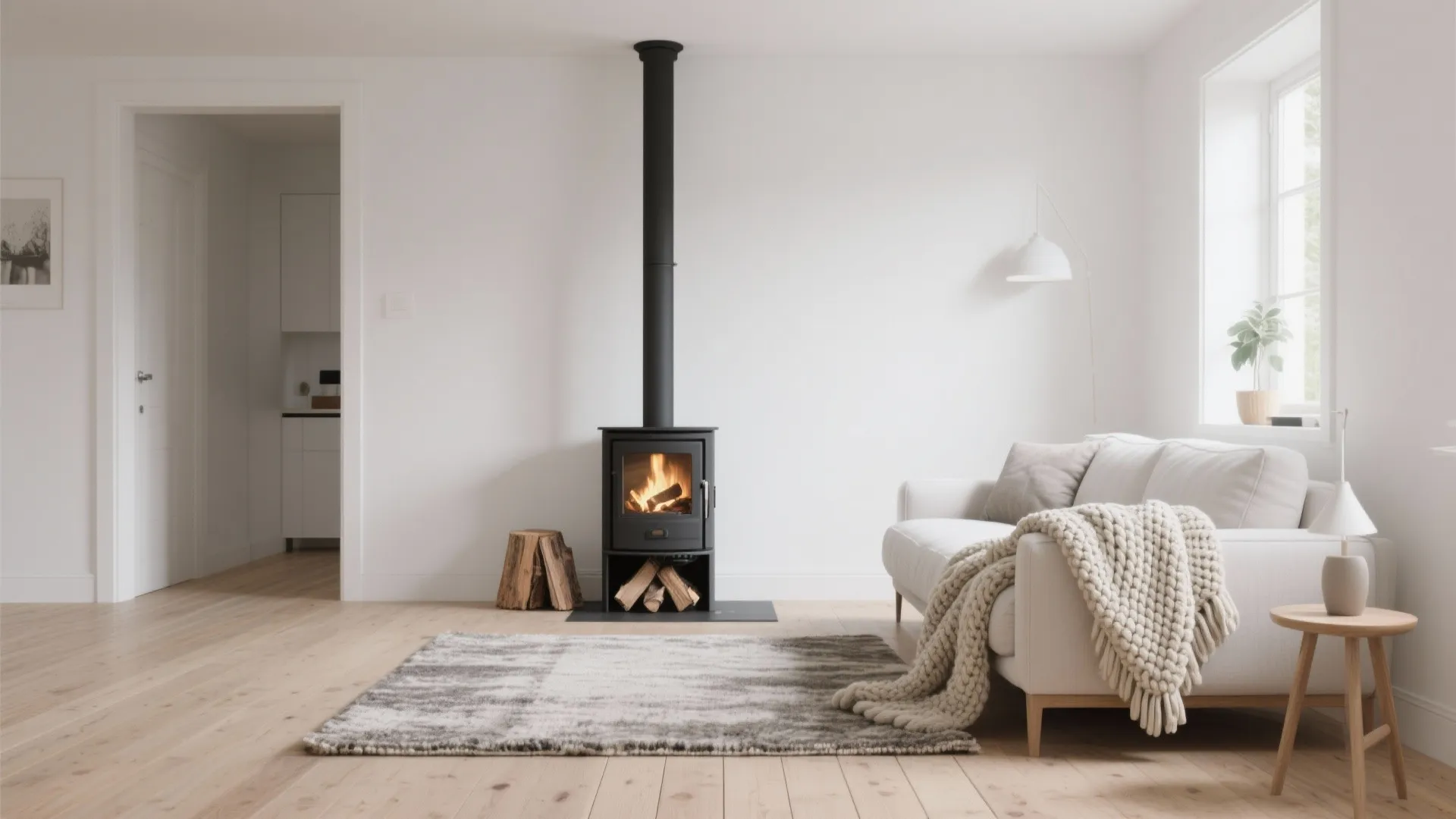 Scandinavian style living room with minimalist log burner