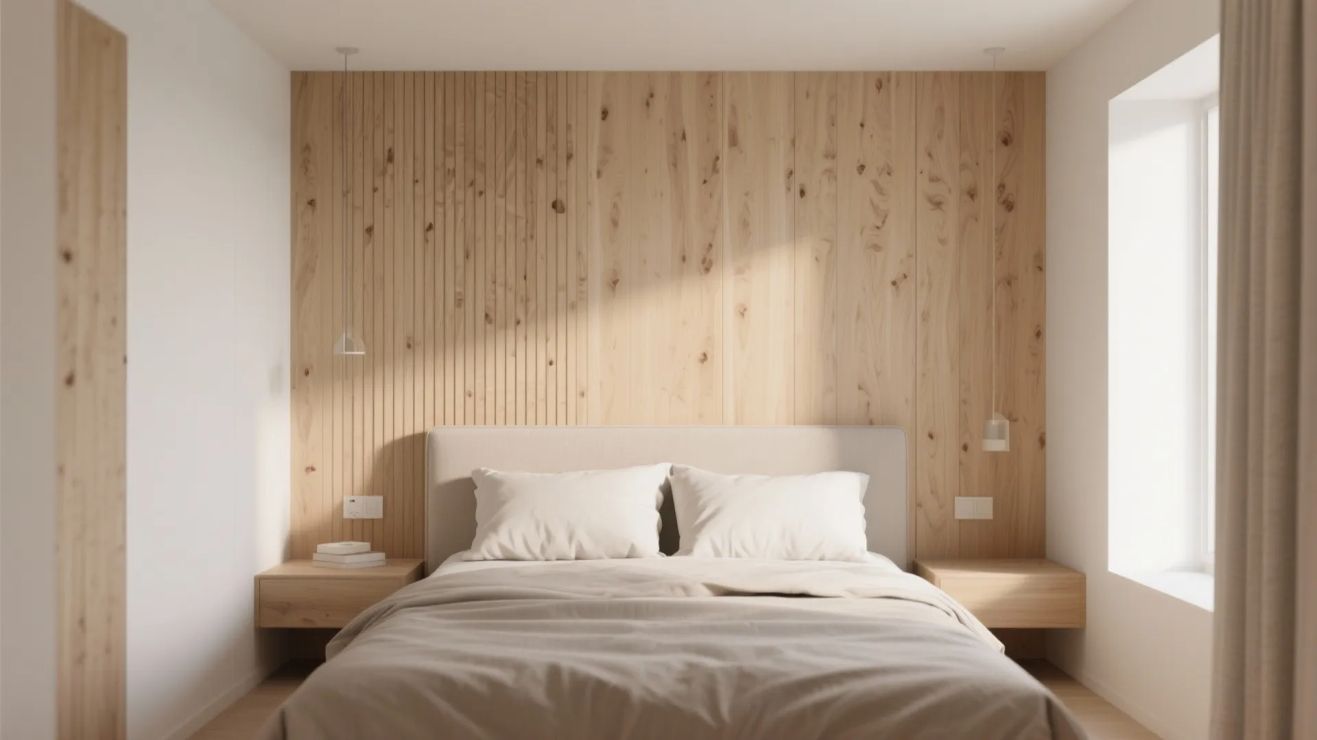 Minimalist bedroom with light wood wall panel behind bed featuring white bedding and floating tables