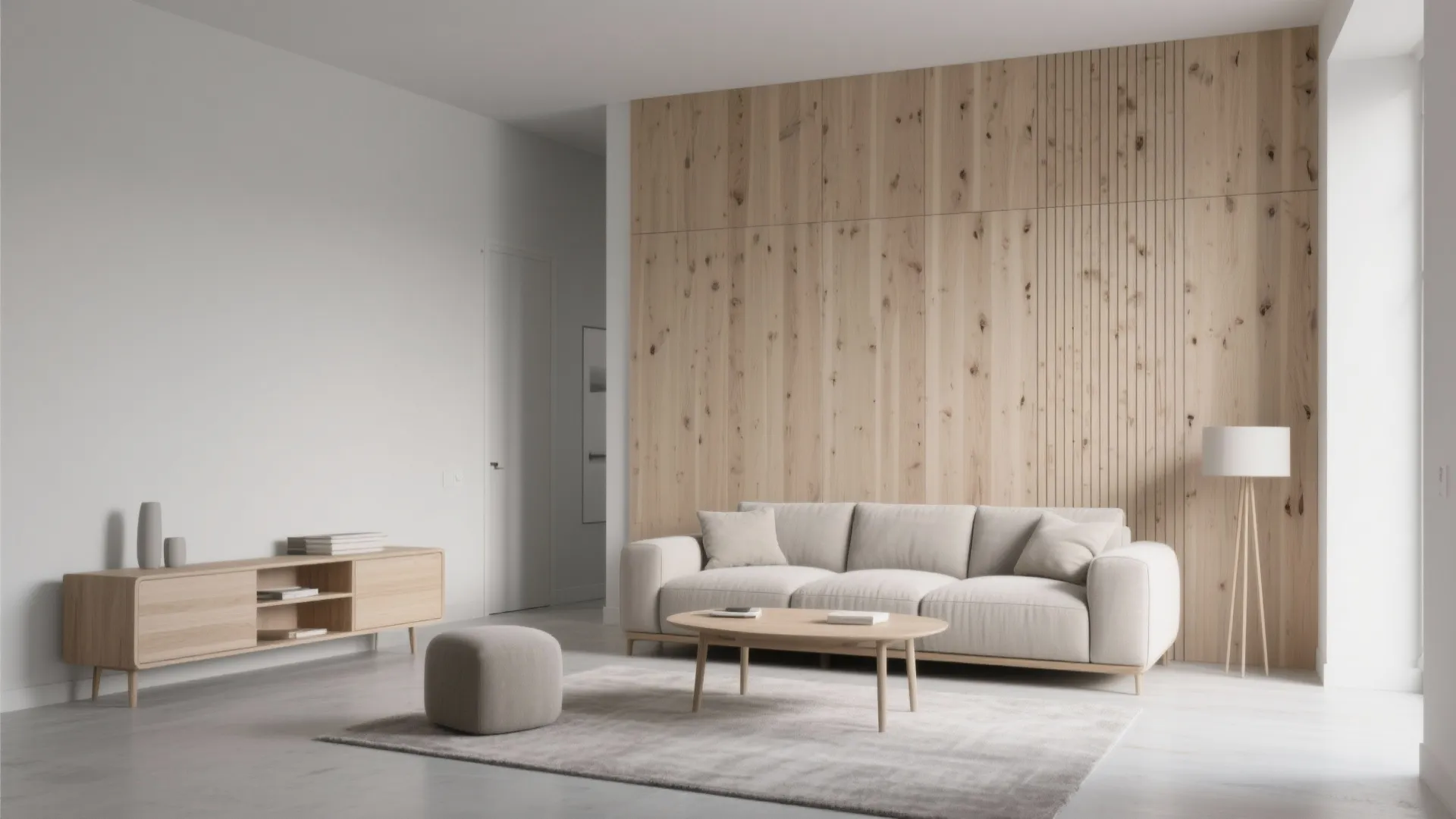 Minimalist living room with light wood wall panel beige sofa wooden coffee table and lamp