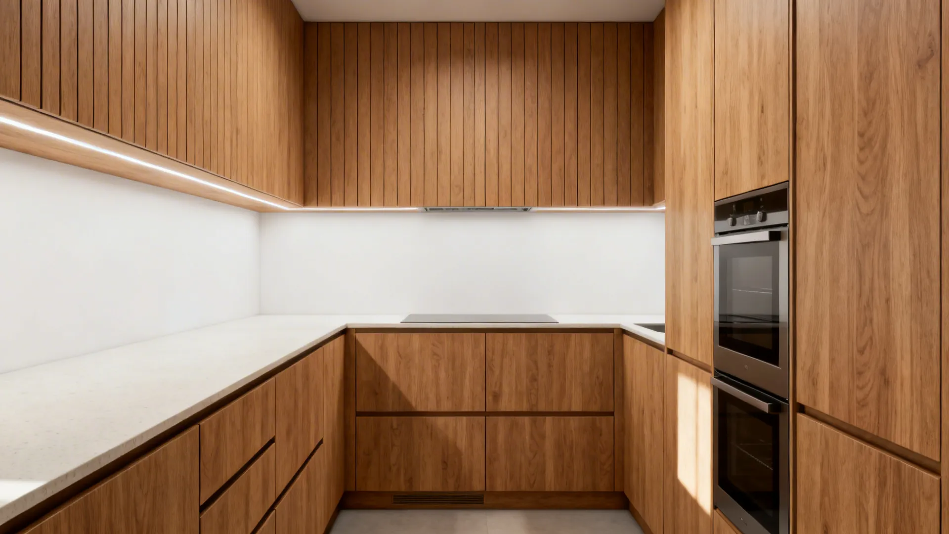Full-height rift-cut oak flat-panel cabinets with push-to-open doors in a small galley kitchen.