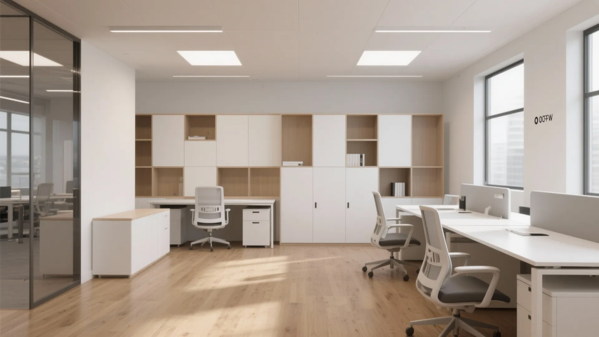 Minimalist modern office furniture with clean lines and storage
