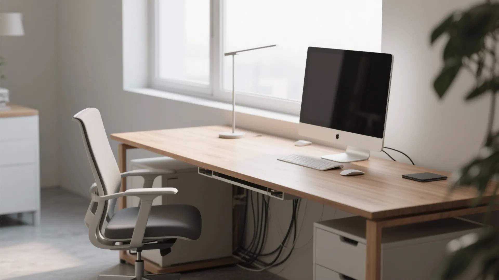 Minimalist wooden office desk with computer monitor white ergonomic chair desk lamp and window light