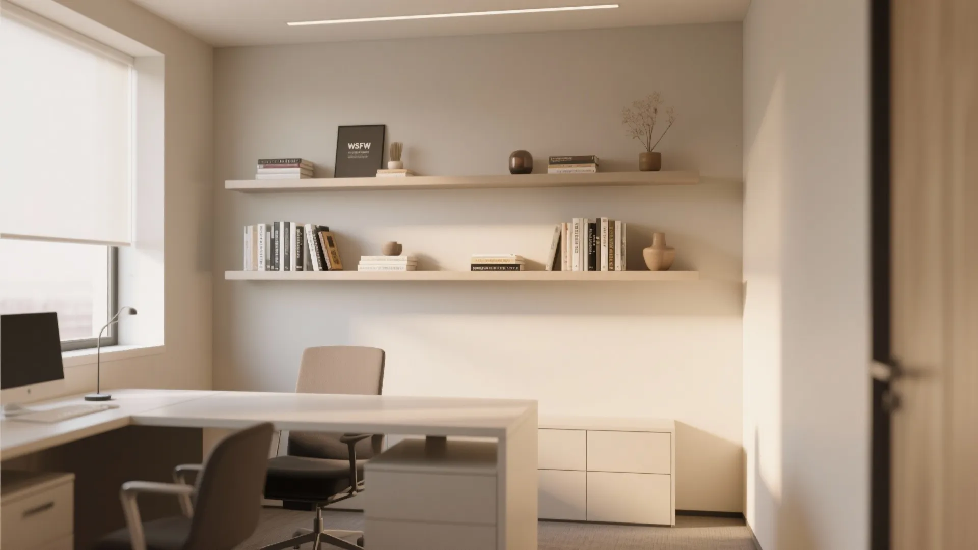 Minimalist office interior with white desk black chair wooden wall shelves books and natural windows