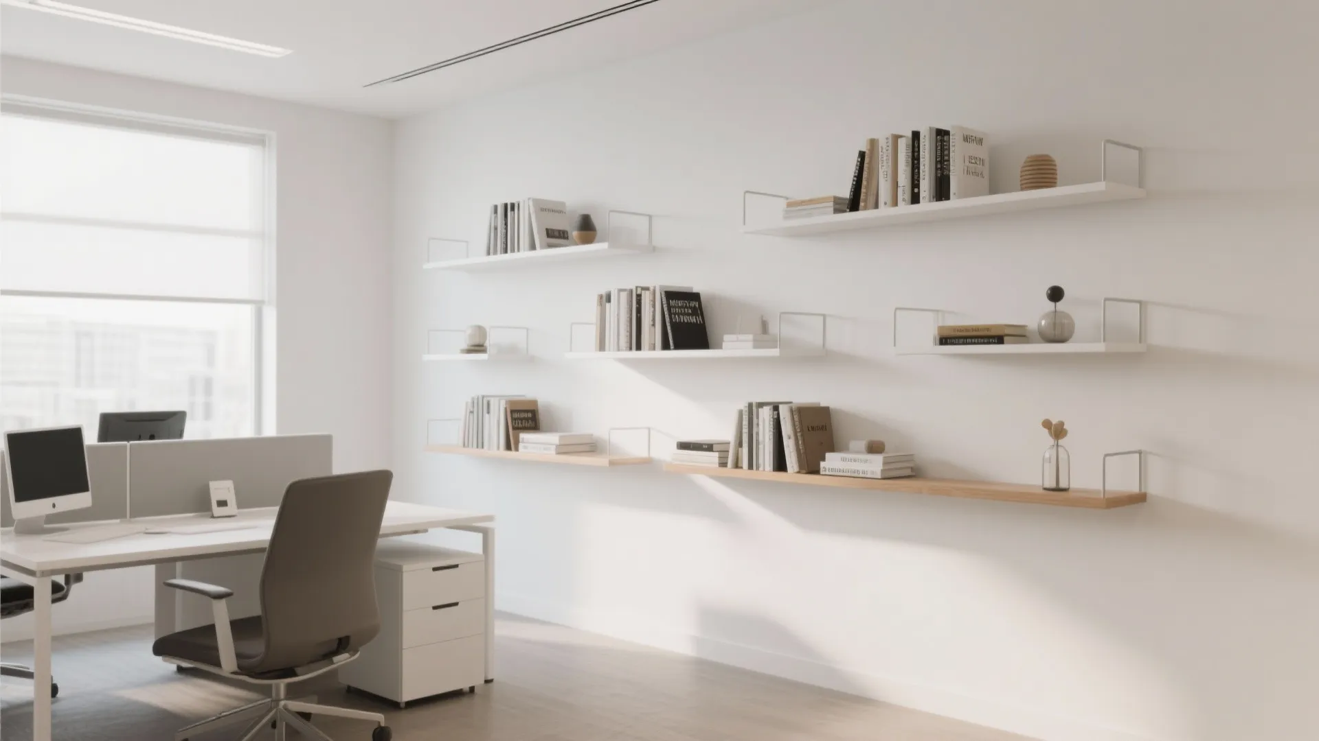 Minimalist white office with wall shelves holding books and decor next to a modern desk