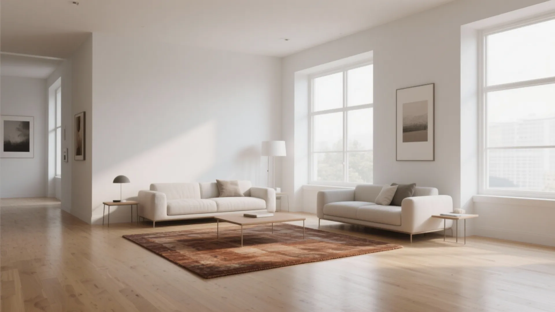 Minimalist living room with white walls, wooden floor, brown rug, two cream sofas and windows