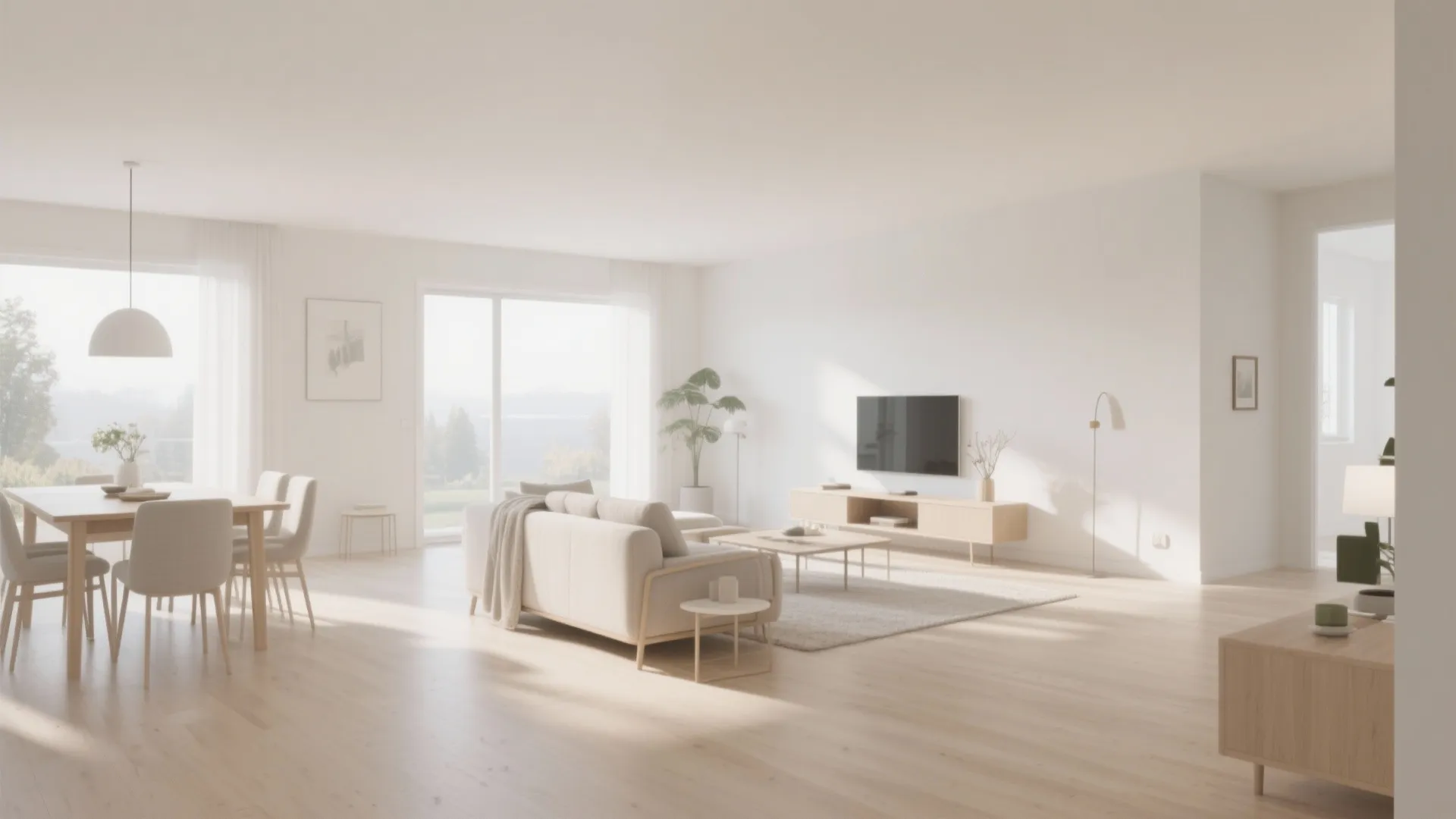 Bright minimalist open living space with white walls wooden floor dining table and large glass windows