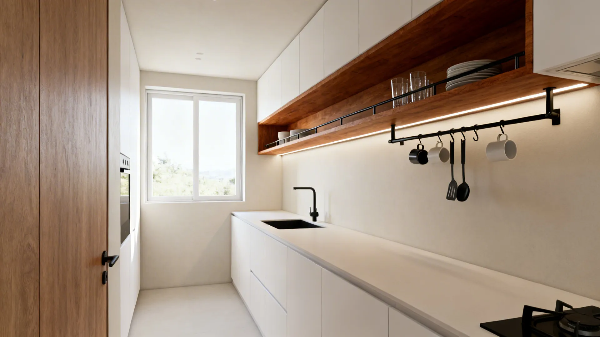 Minimalist galley kitchen with an open shelf and rail replacing upper cabinets, lit by concealed LEDs.