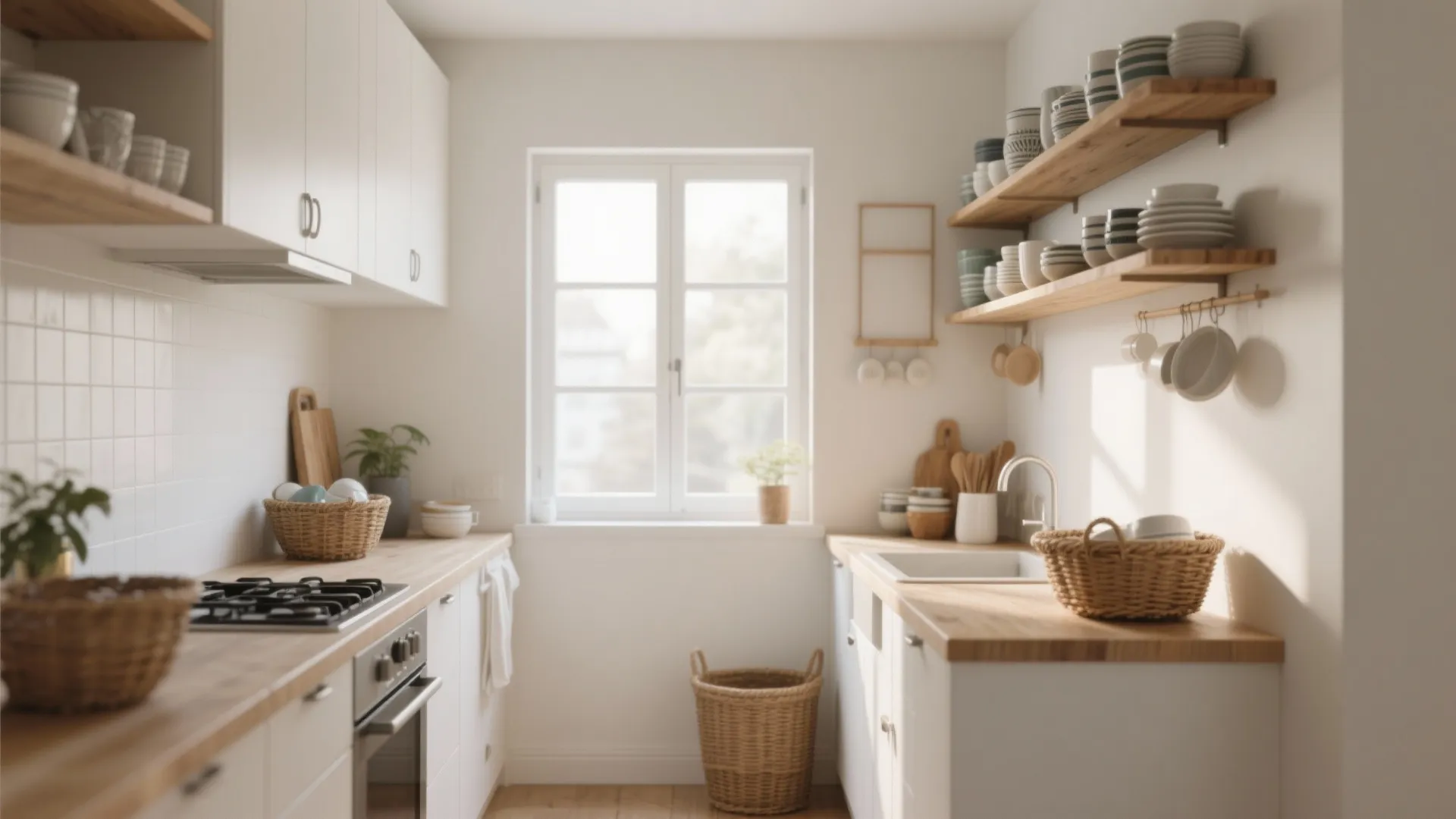 White kitchen with wooden open shelves, center window, woven baskets, ceramic bowls, and gas stove