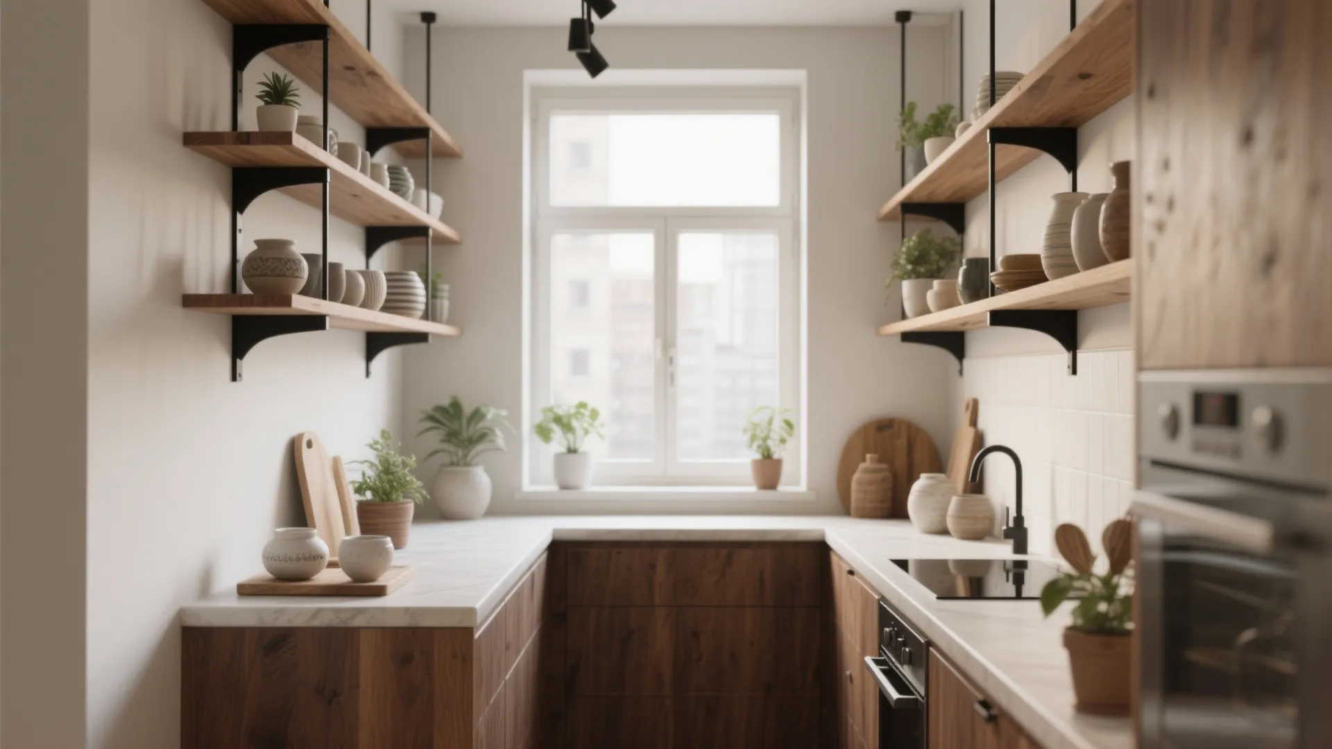 Modern kitchen with wood cabinets white countertops open wall shelves green plants and natural light