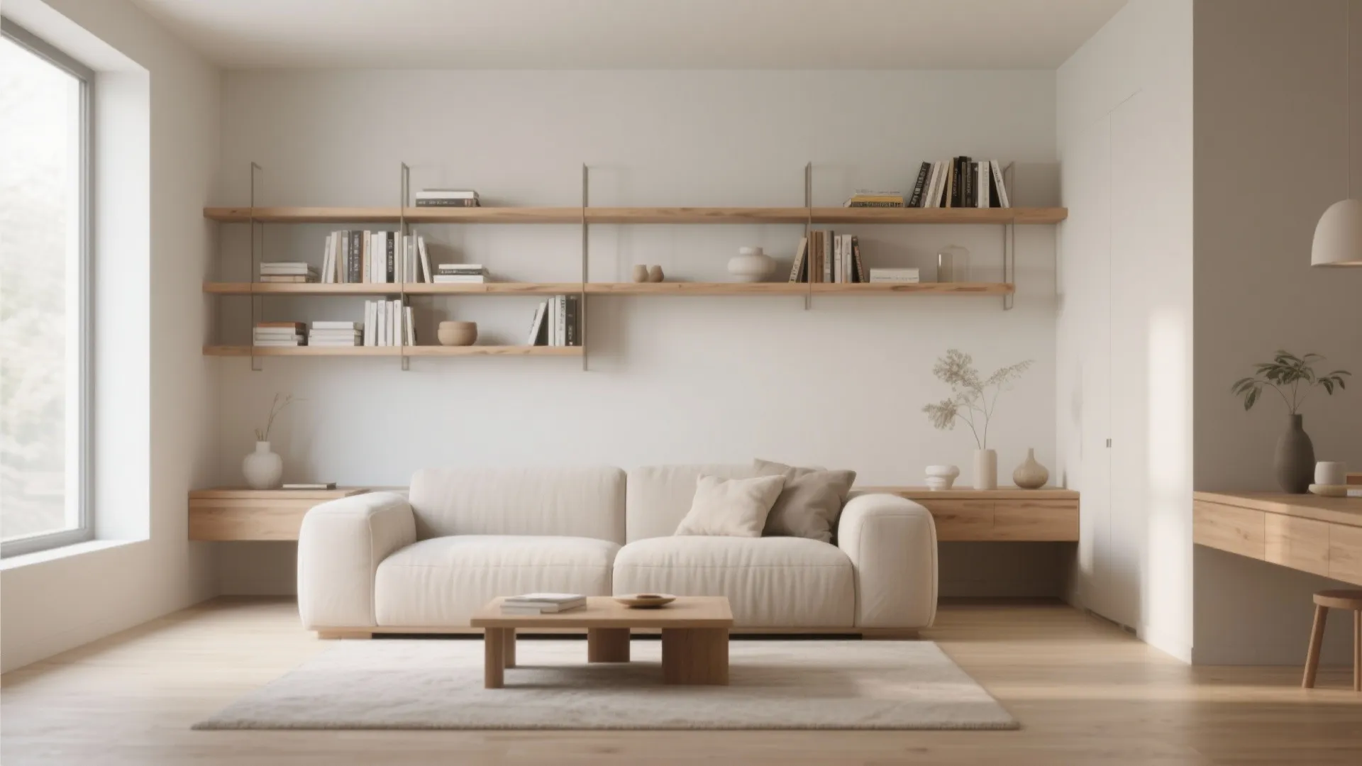 Floating wooden open shelves with books and decor in a minimalist living room