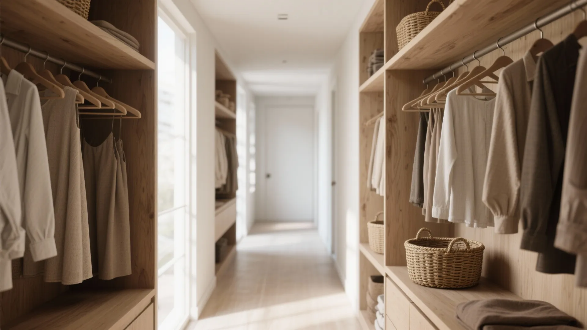 Minimalist open shelving with baskets and neutral hangers in a bright dressing room