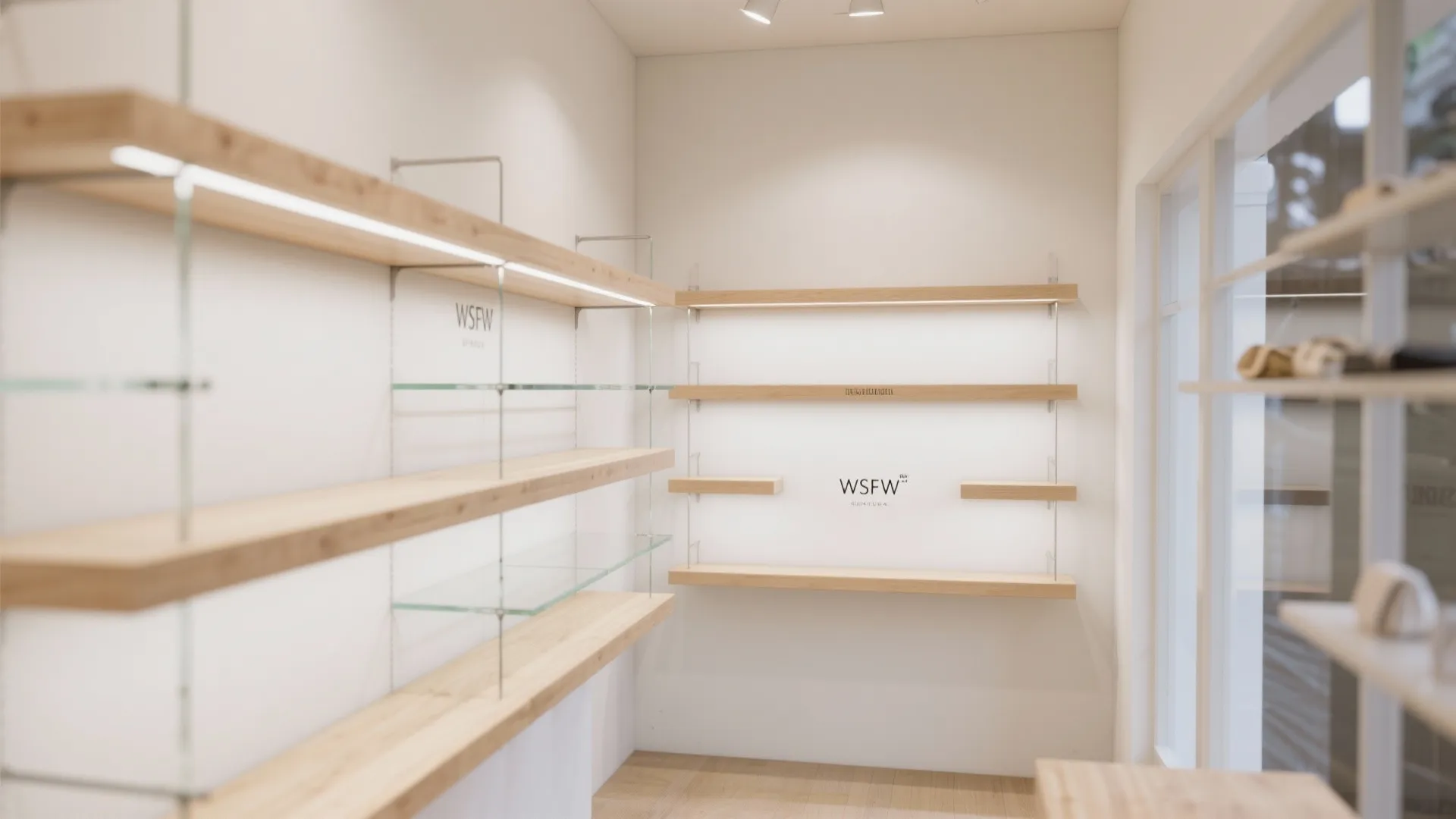 Minimalist retail display area featuring light wood floating shelves with integrated lighting and white walls