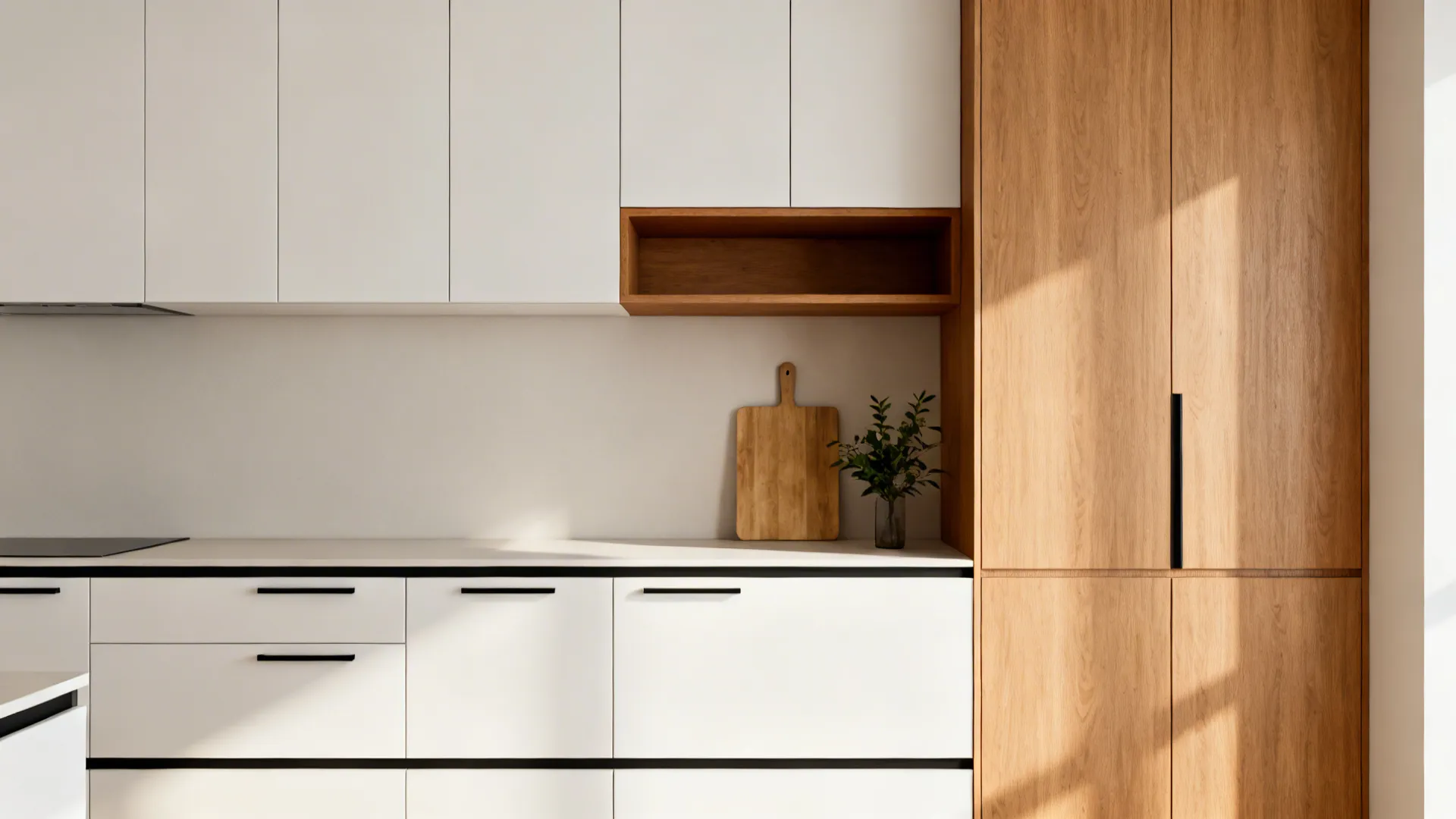 Seamless matte white overhead cabinets with a warm wood accent shelf in a minimalist kitchen.