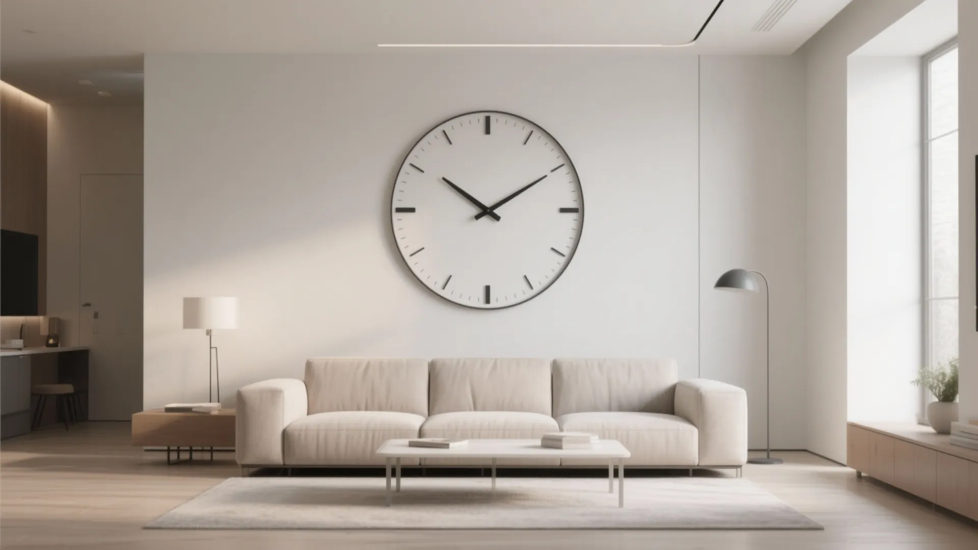 Minimalist living room with a large sleek wall clock