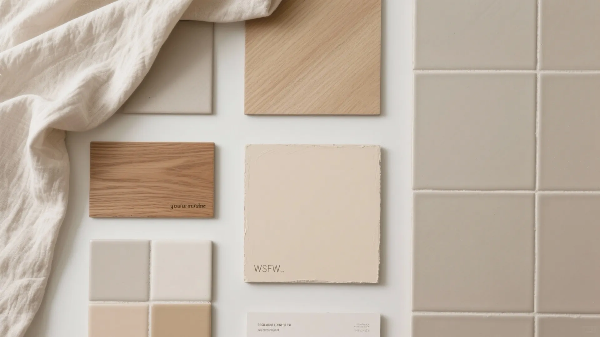 Collection of interior material samples including wood blocks, beige wall tiles, and soft white fabric