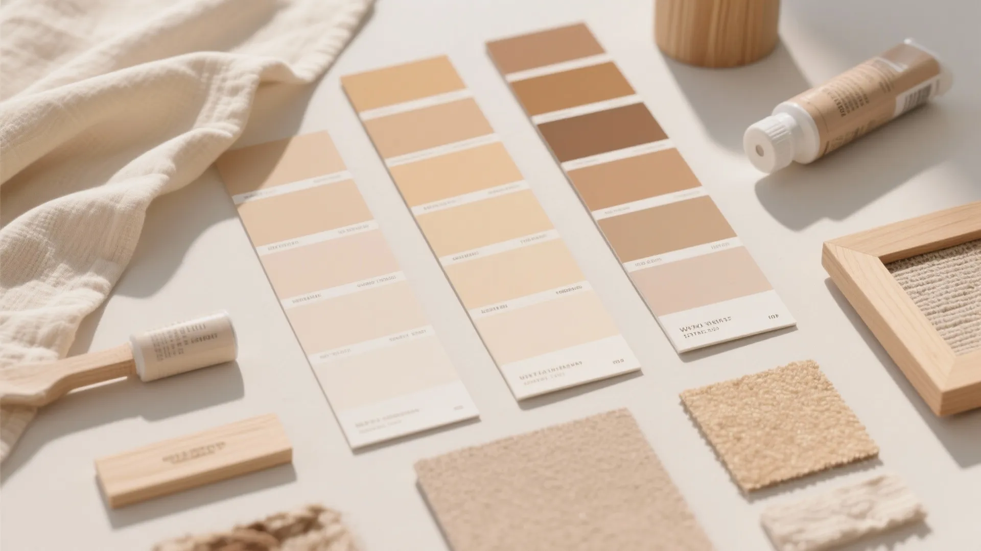 Neutral color palette cards and fabric swatches for interior design planning on a white table