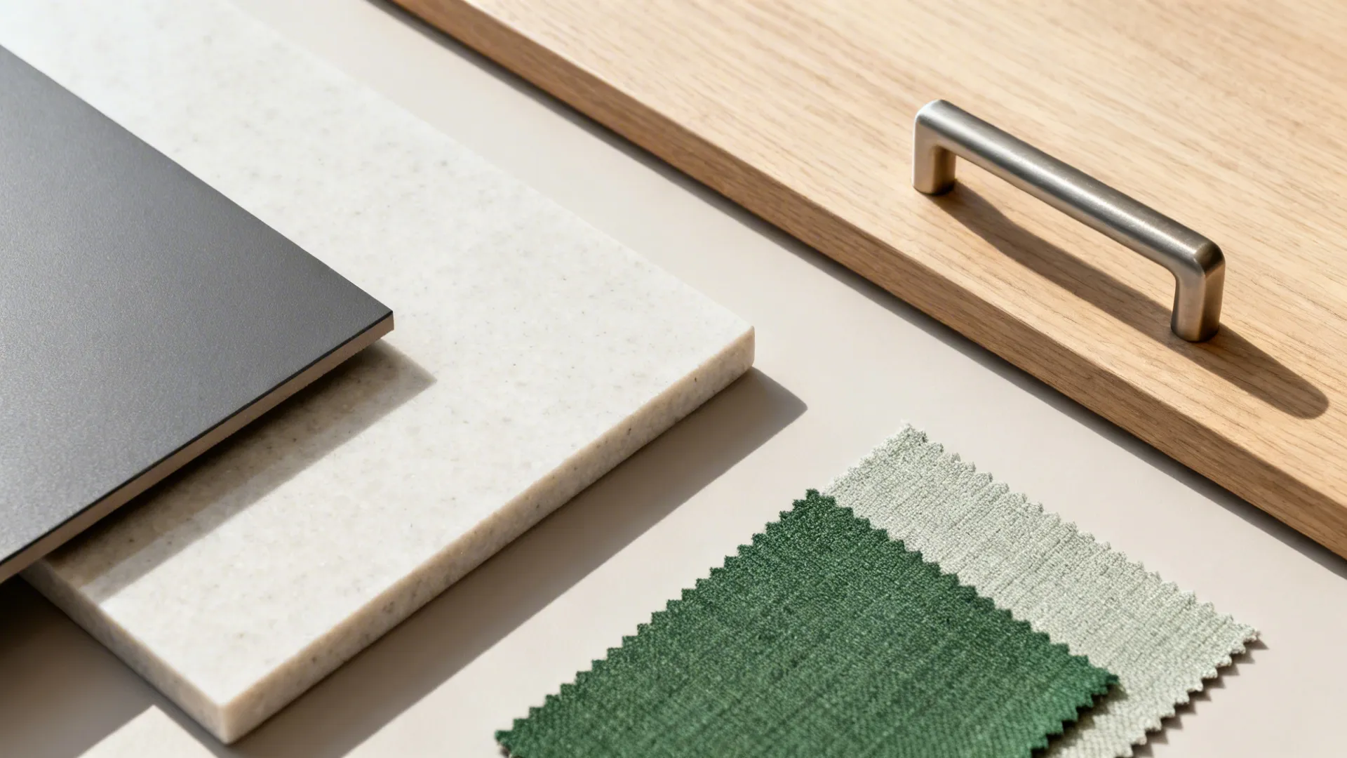 Flatlay of matte laminate, pale quartz, light oak veneer, brushed metal, and fabric swatch.