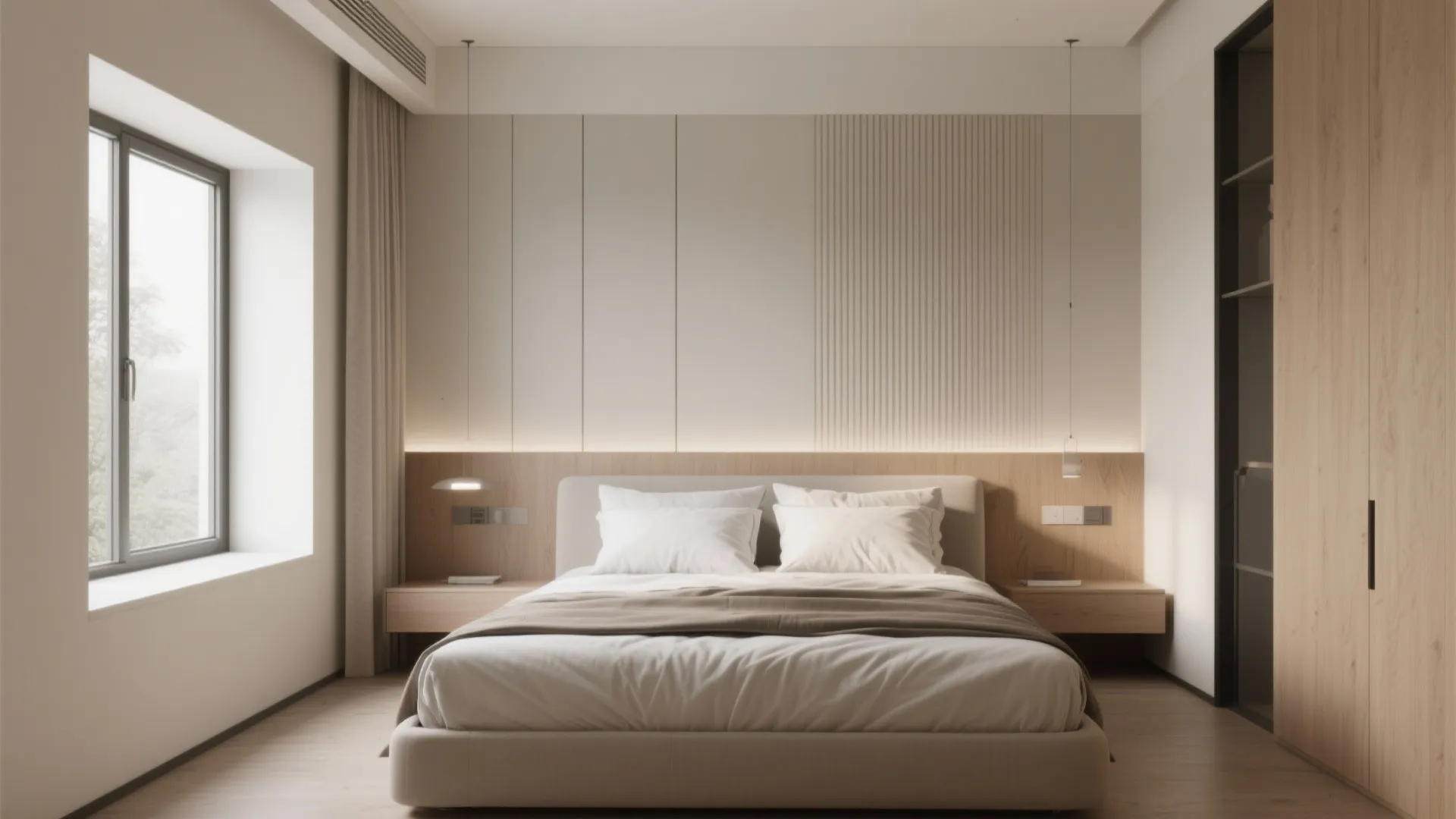 Modern minimalist bedroom with cream bed white walls wooden panel headboard and large bright window