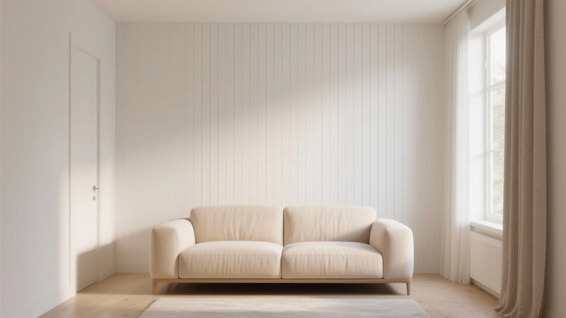 Minimalist living room with beige sofa white wall panel wooden floor and bright natural light