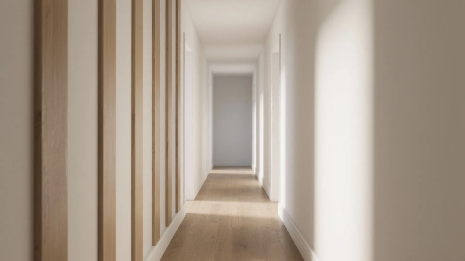 Minimalist white hallway with vertical wooden wall panel design on the left and wood floor