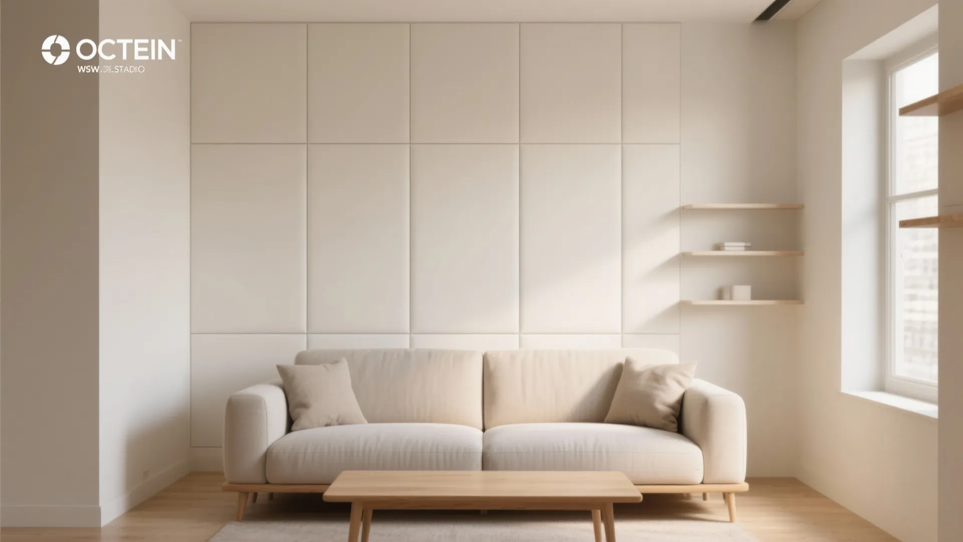 Modern cream living room with soft wall panel design light beige sofa and wooden table