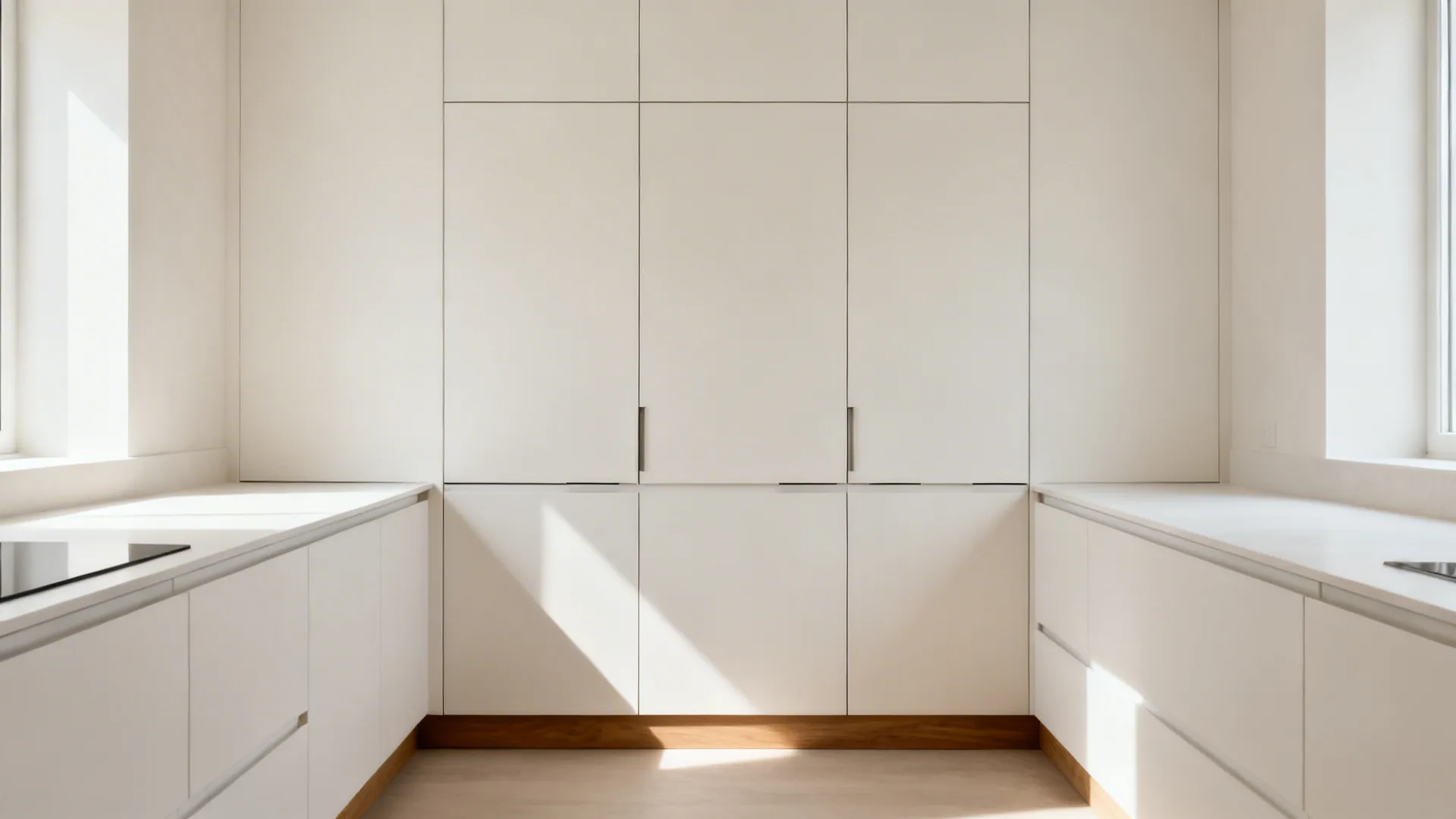 Minimalist white kitchen pantry area featuring tall cabinets with simple handles and warm wood trim