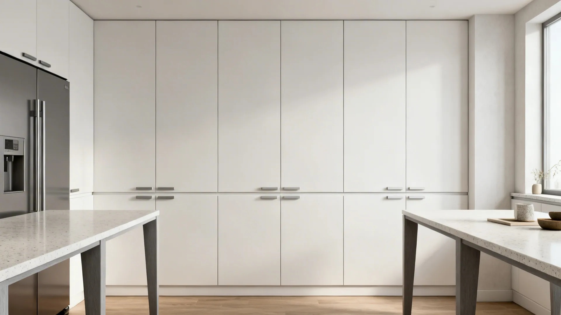 Minimalist full-height slab pantry wall with aligned reveals in a small U-shaped kitchen.