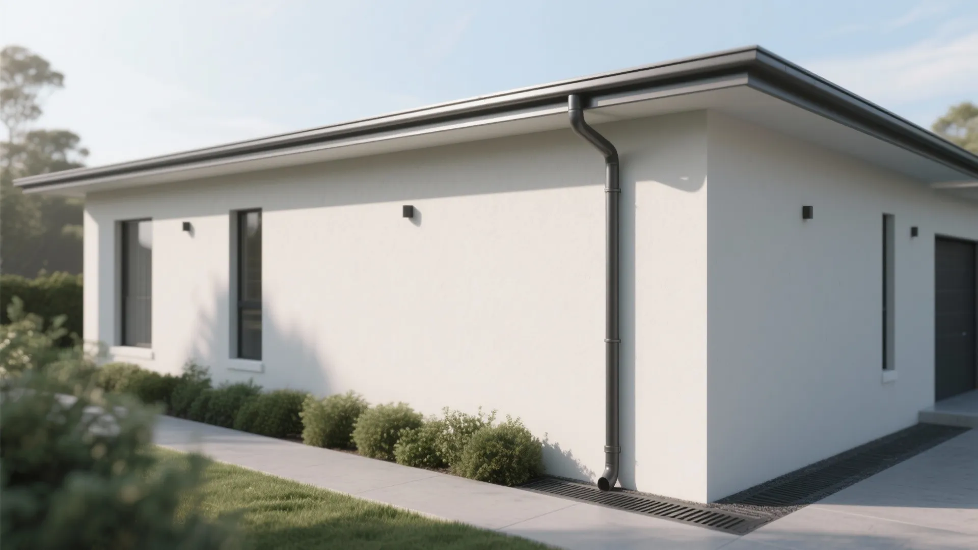 Modern white house exterior featuring grey roof gutters and small green bushes along the stone path