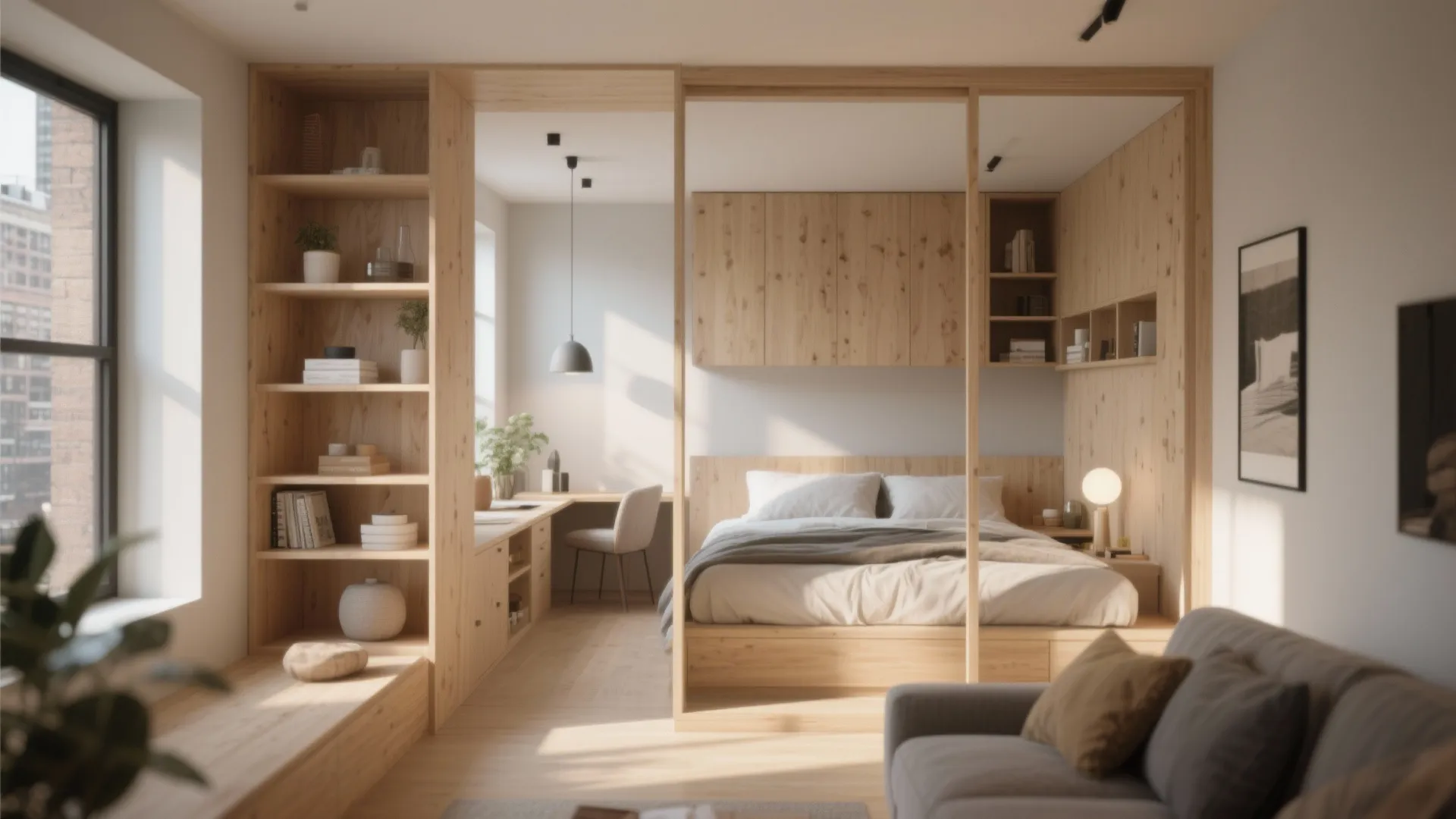 Modern studio apartment with wood room divider separating a cozy bed from a small home office